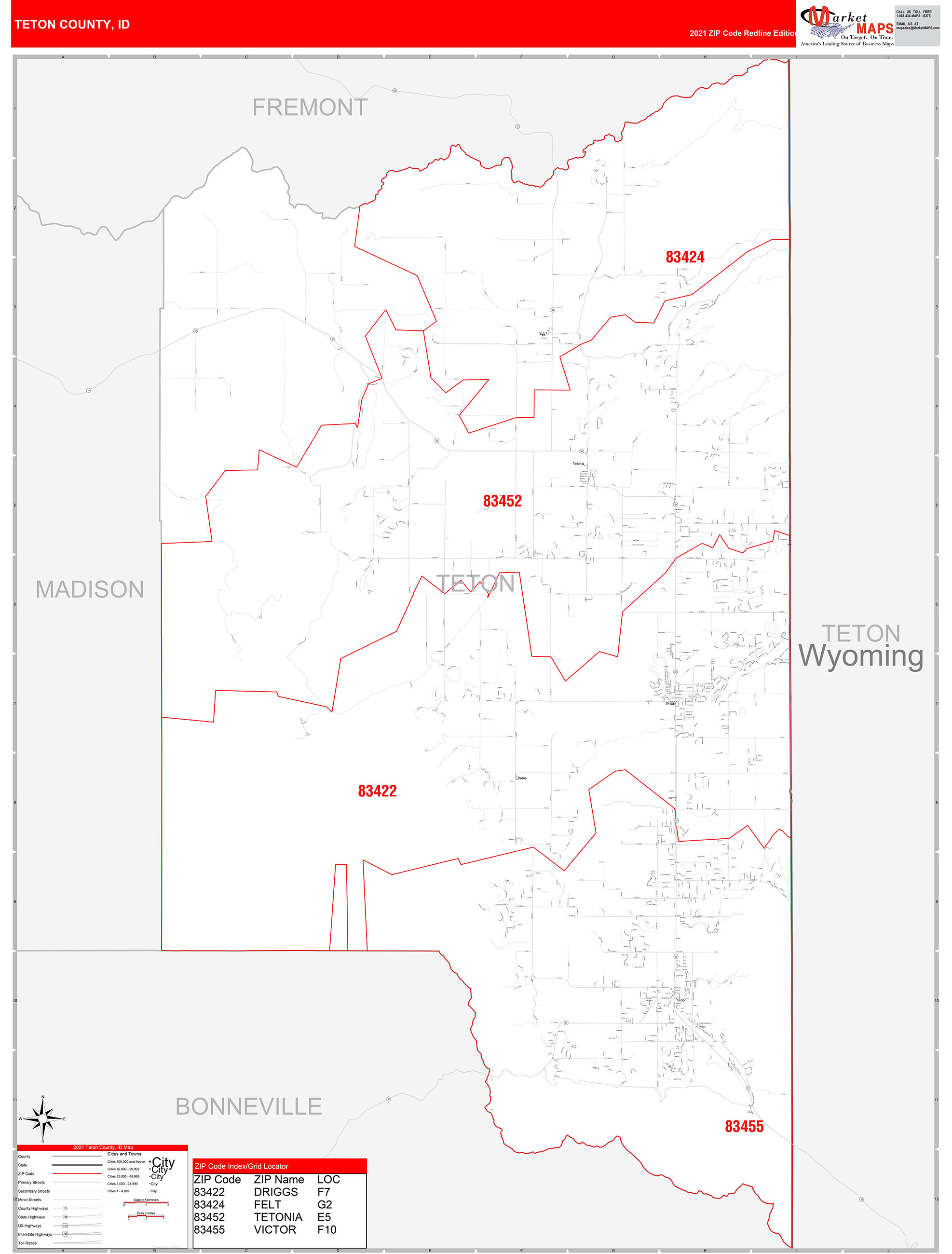 Teton County, ID Zip Code Wall Map Red Line Style by MarketMAPS