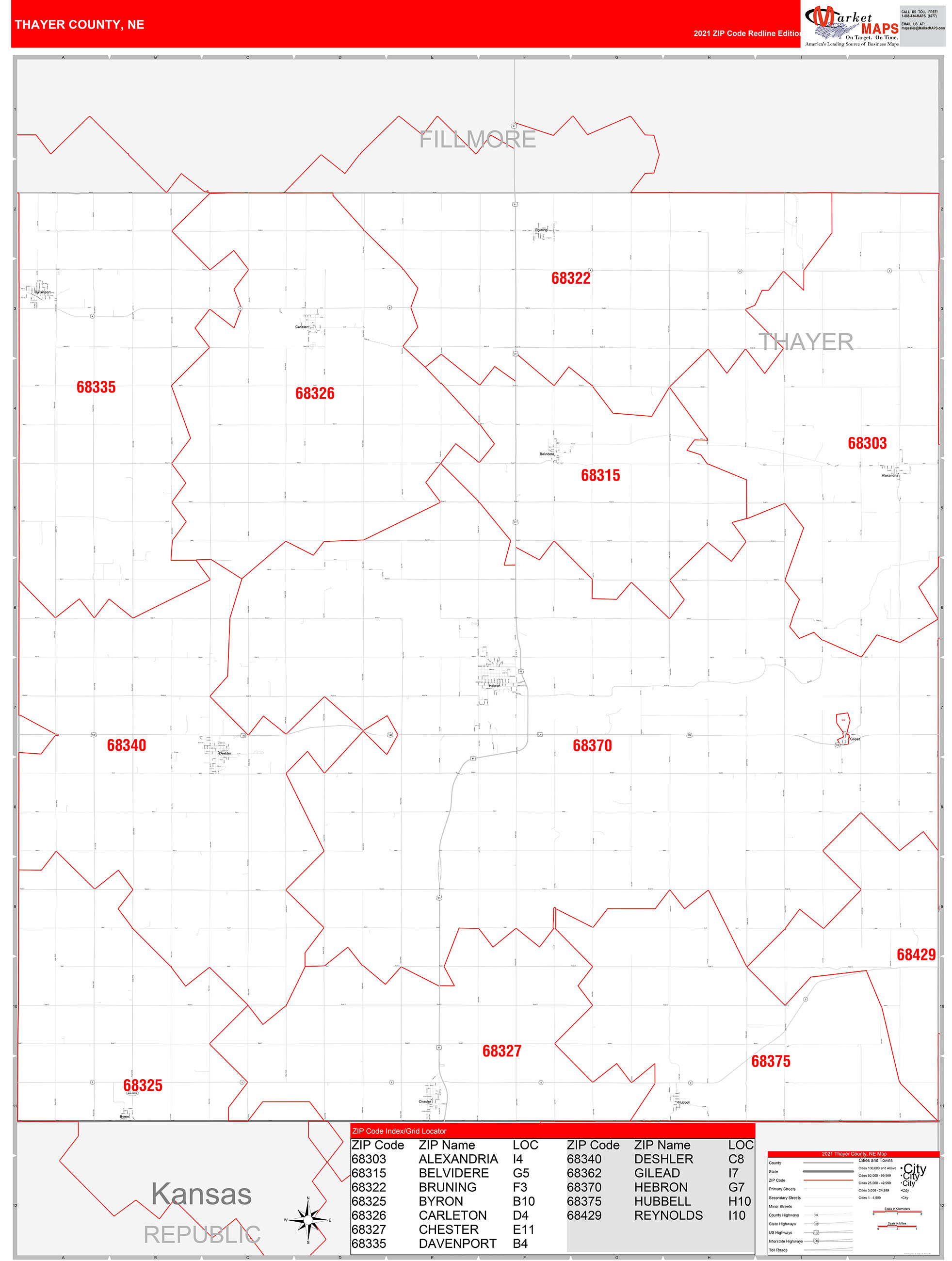 Thayer County, NE Zip Code Wall Map Red Line Style by MarketMAPS MapSales