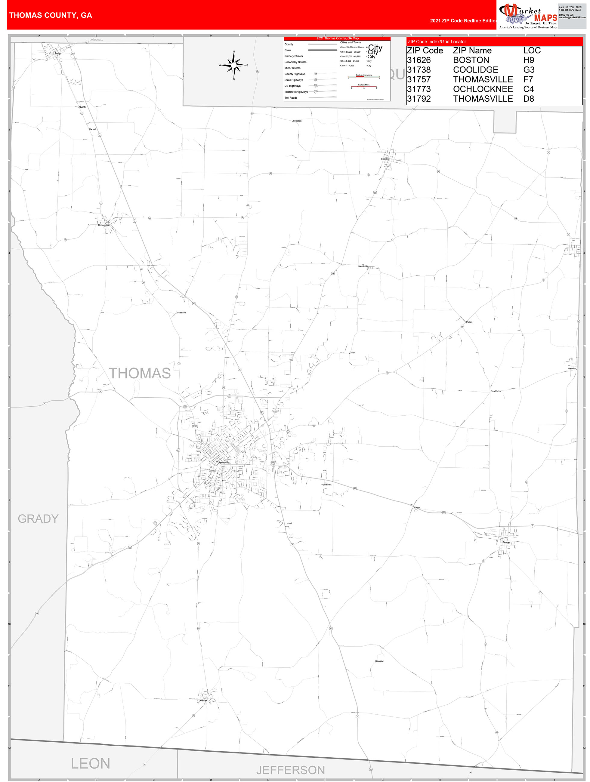 Thomas County, GA Zip Code Wall Map Red Line Style by MarketMAPS