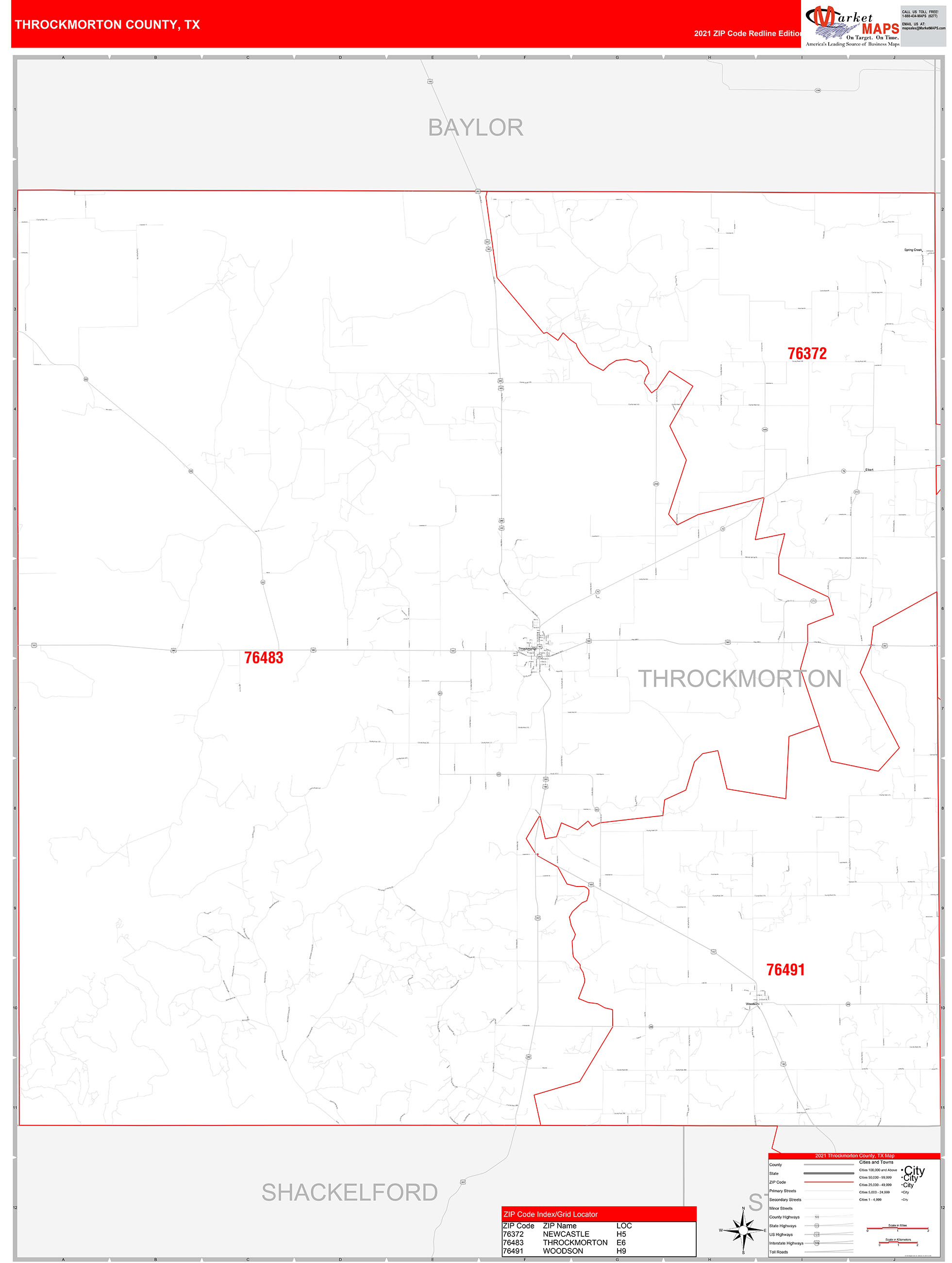 Throckmorton County, TX Zip Code Wall Map Red Line Style by MarketMAPS MapSales
