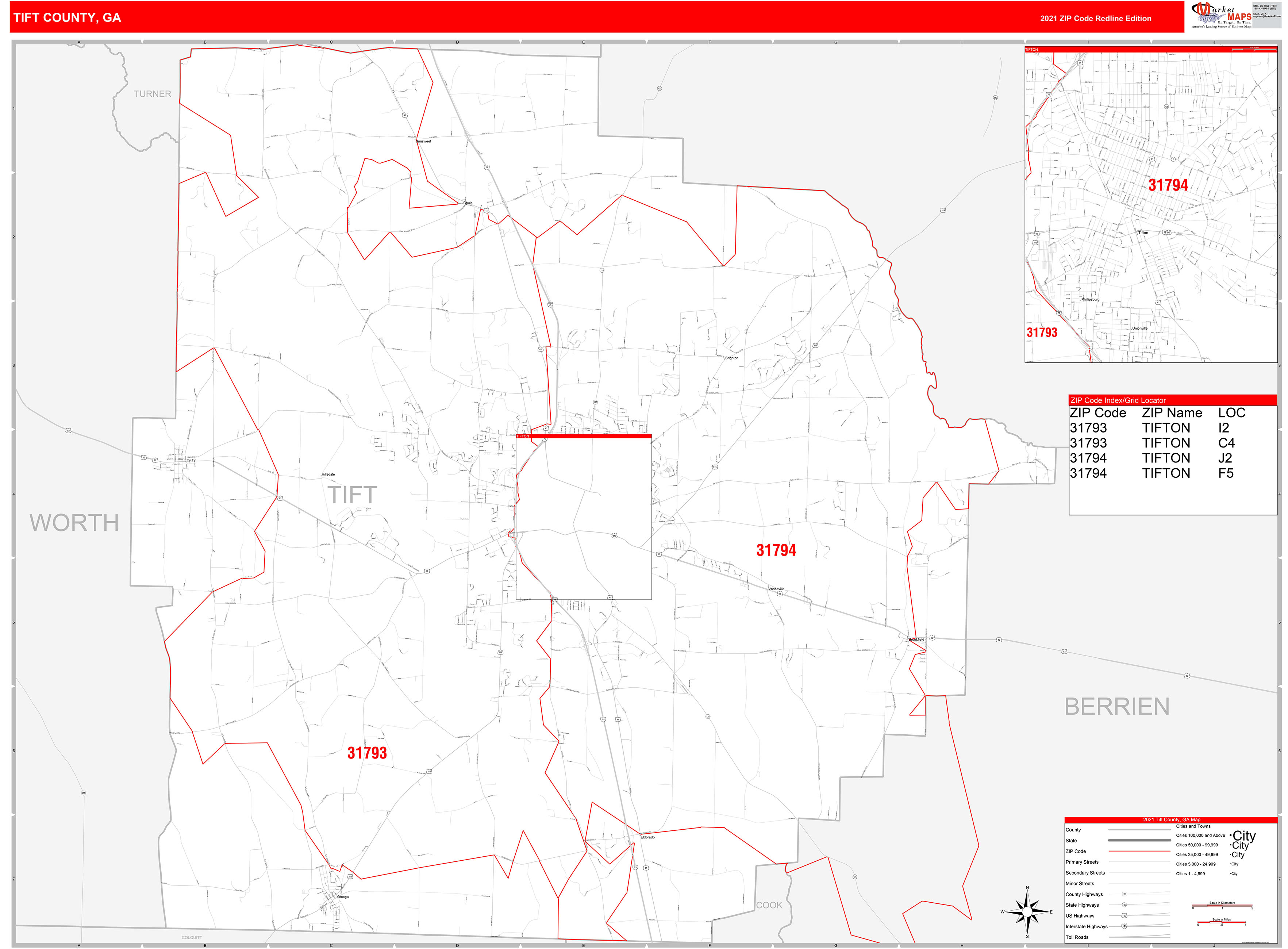 Tift County, GA Zip Code Wall Map Red Line Style by MarketMAPS MapSales