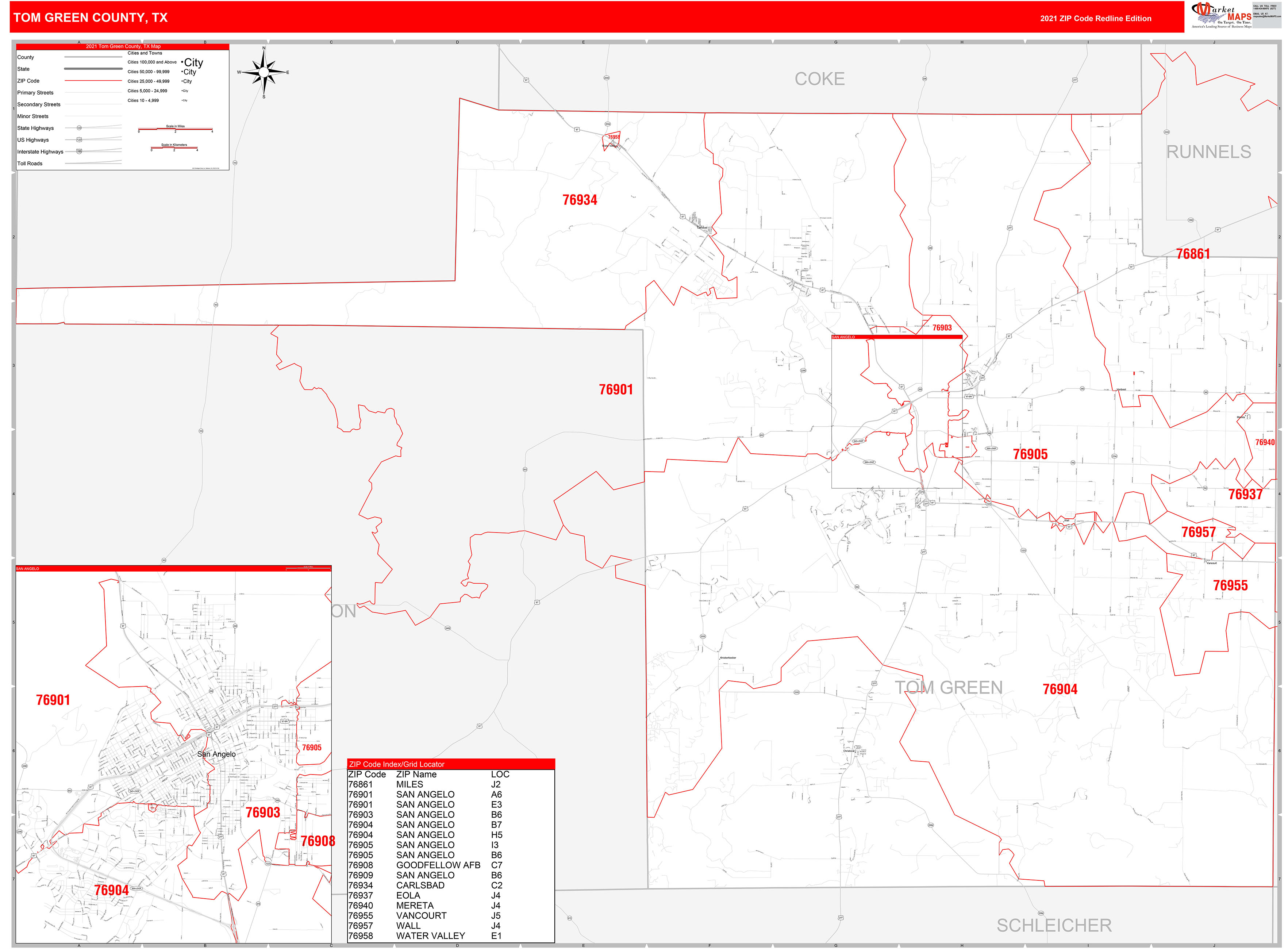 Tom Green County, TX Zip Code Wall Map Red Line Style by MarketMAPS