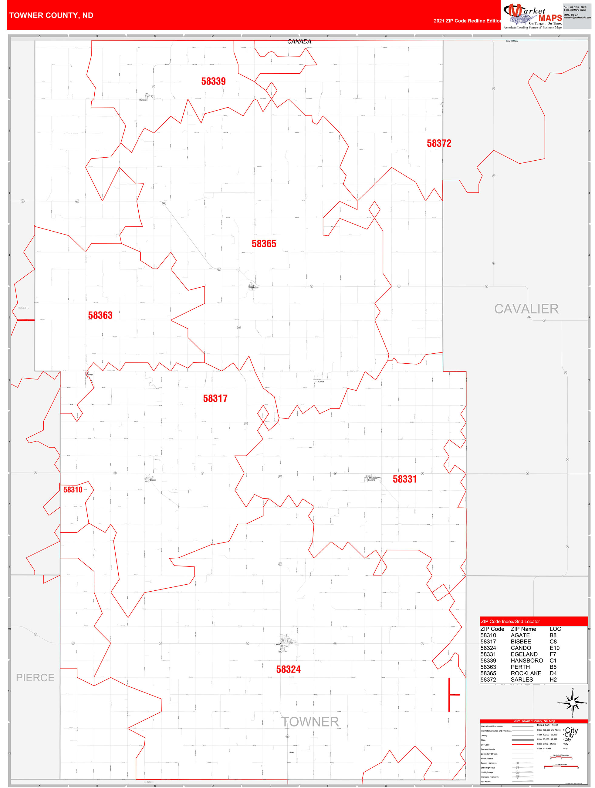 Towner County, ND Zip Code Wall Map Red Line Style by MarketMAPS