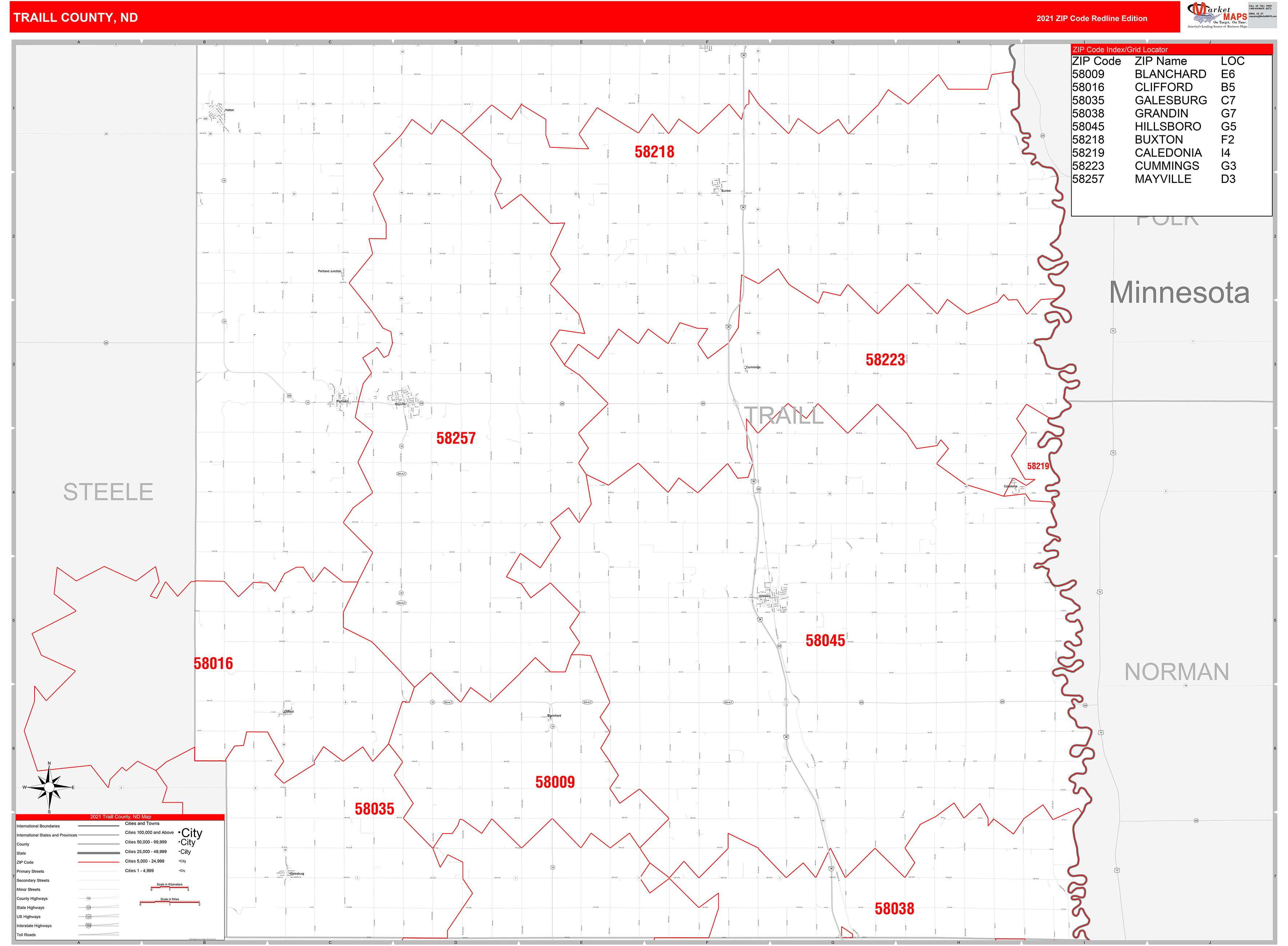 Traill County, ND Zip Code Wall Map Red Line Style by MarketMAPS