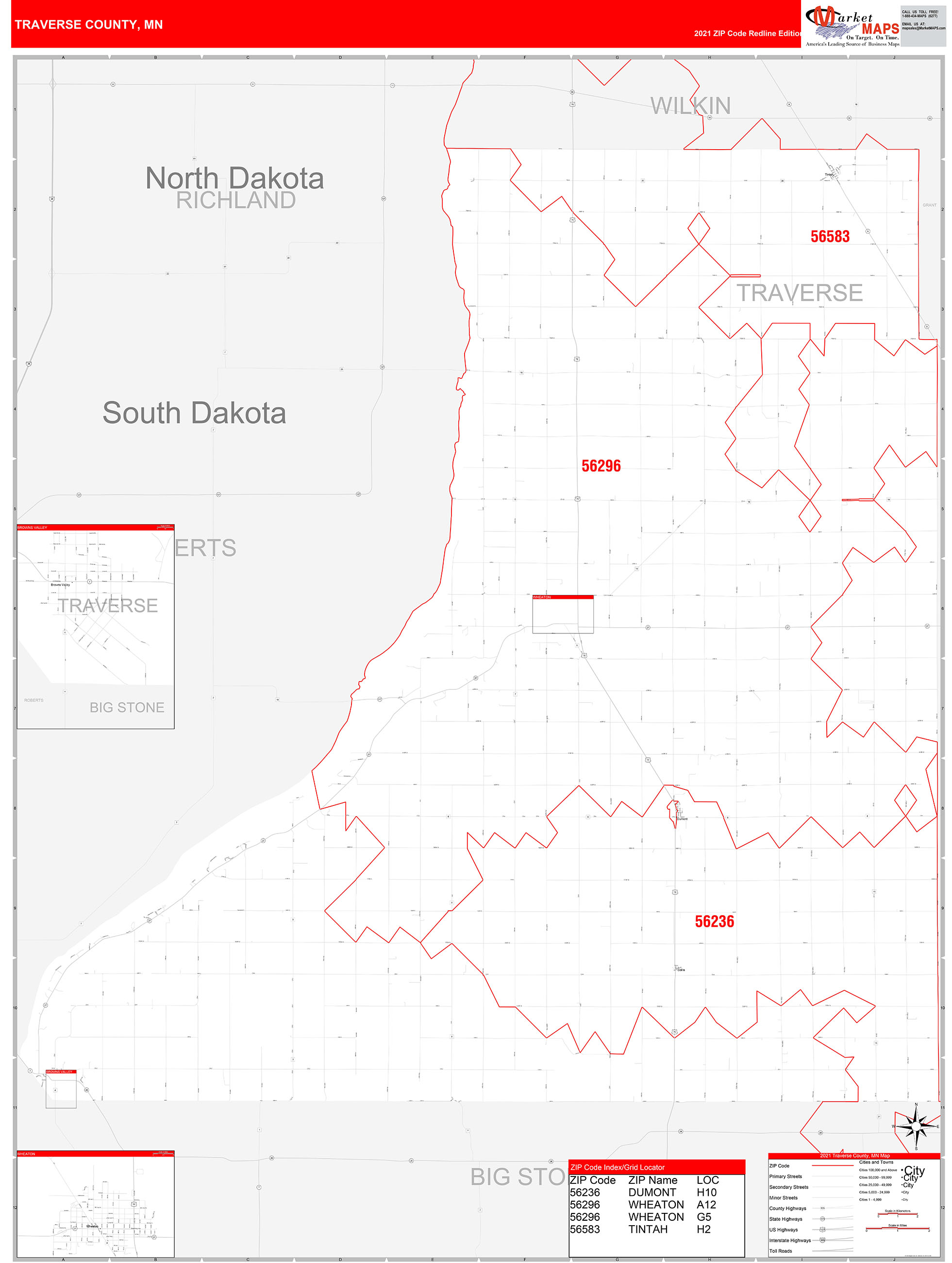 Traverse County, MN Zip Code Wall Map Red Line Style by MarketMAPS