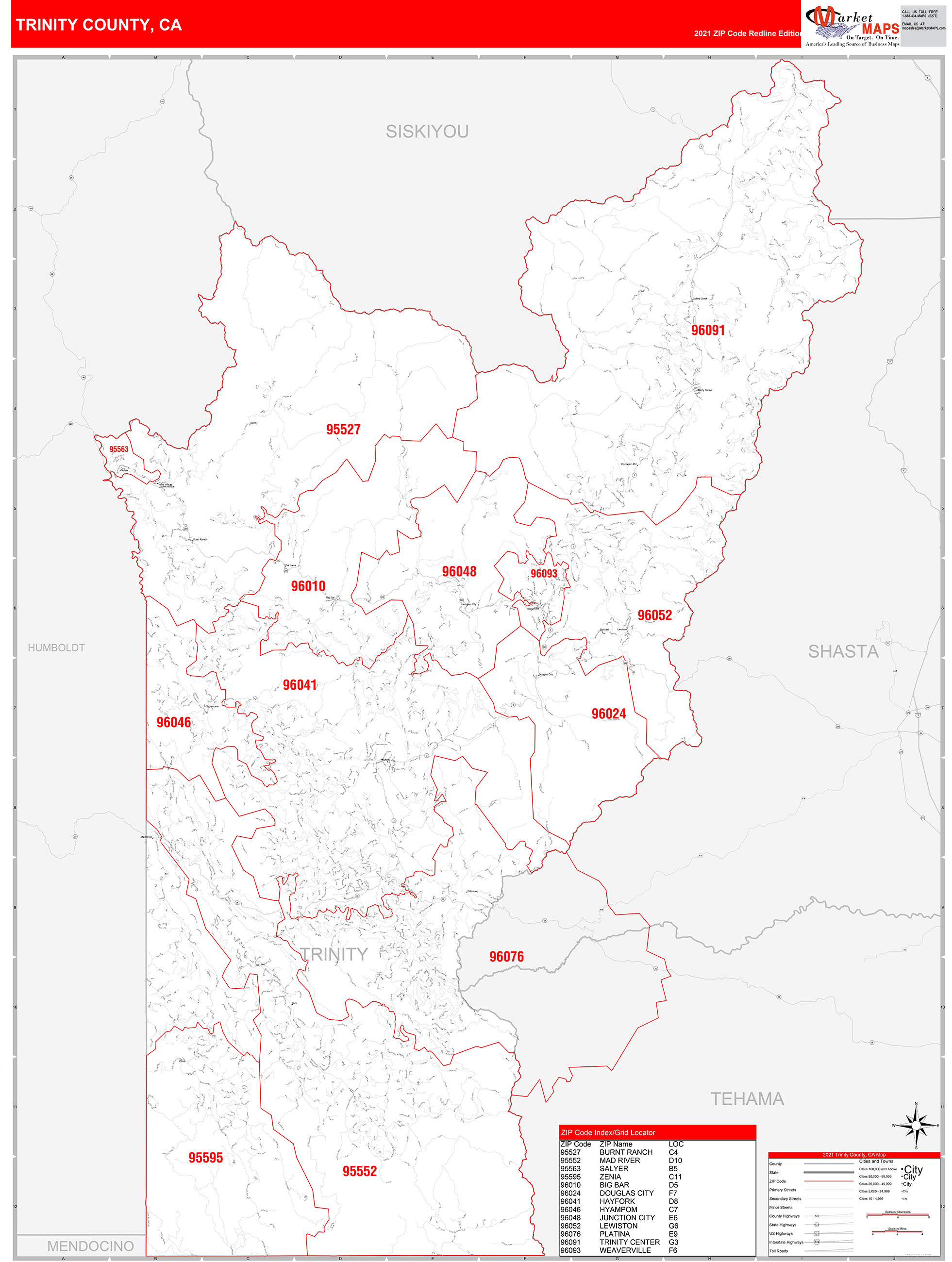 Trinity County, CA Zip Code Wall Map Red Line Style by MarketMAPS