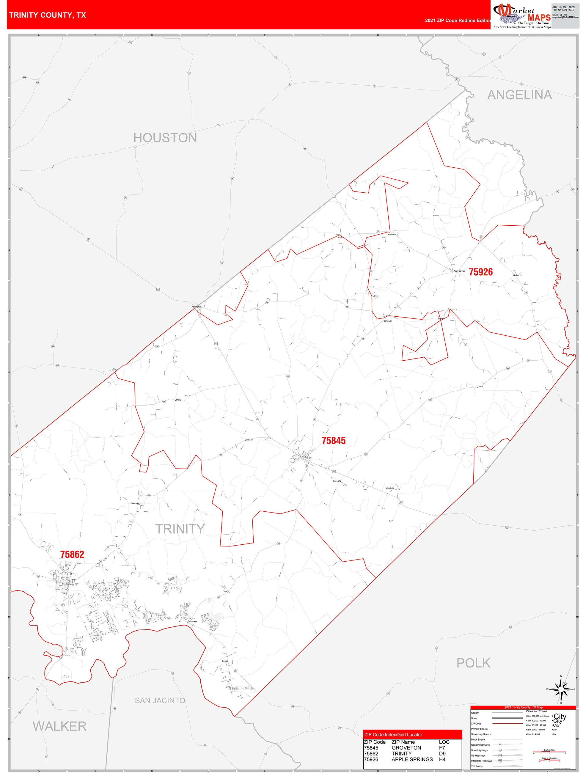 Trinity County, TX Zip Code Wall Map Red Line Style by MarketMAPS