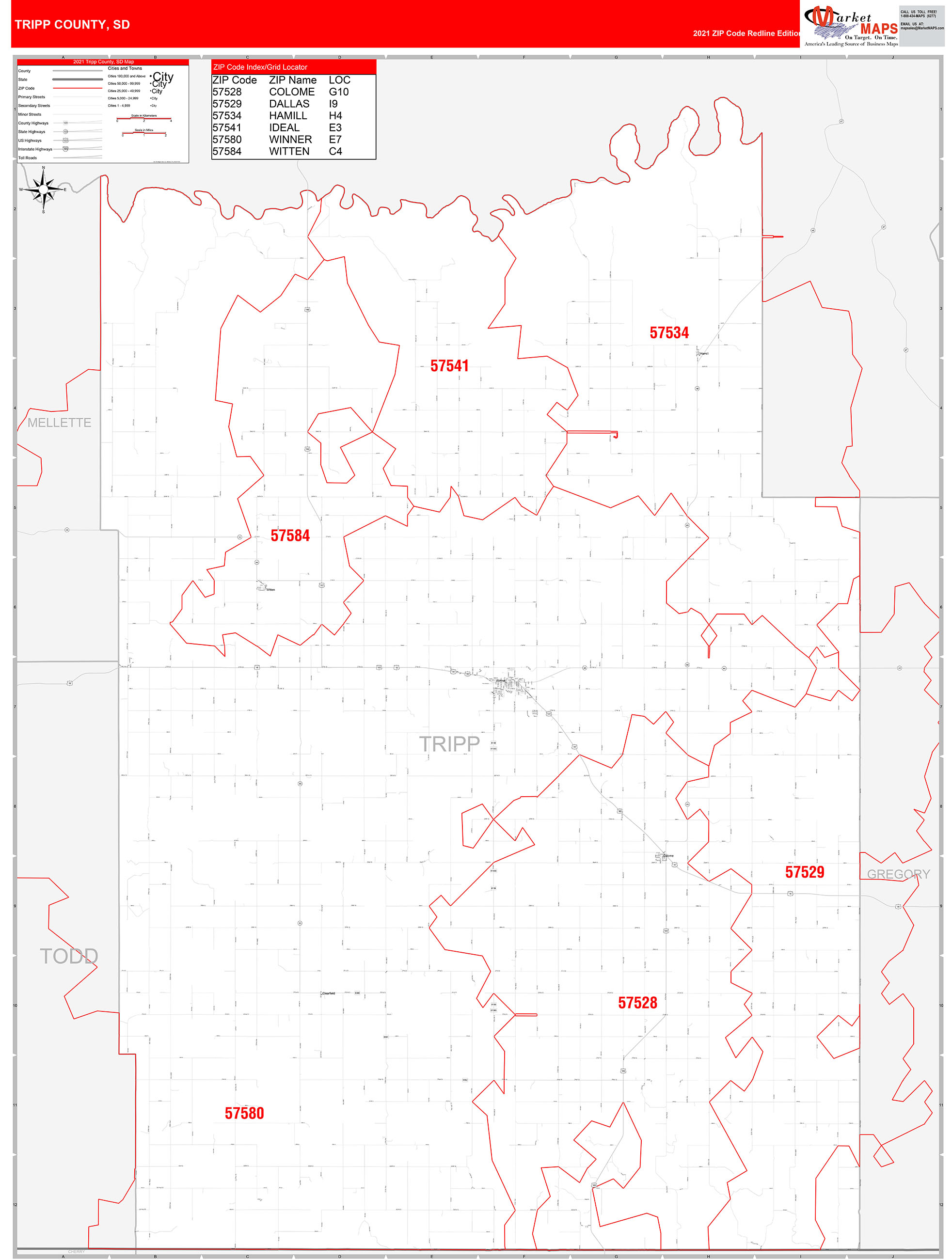 Tripp County, SD Zip Code Wall Map Red Line Style by MarketMAPS