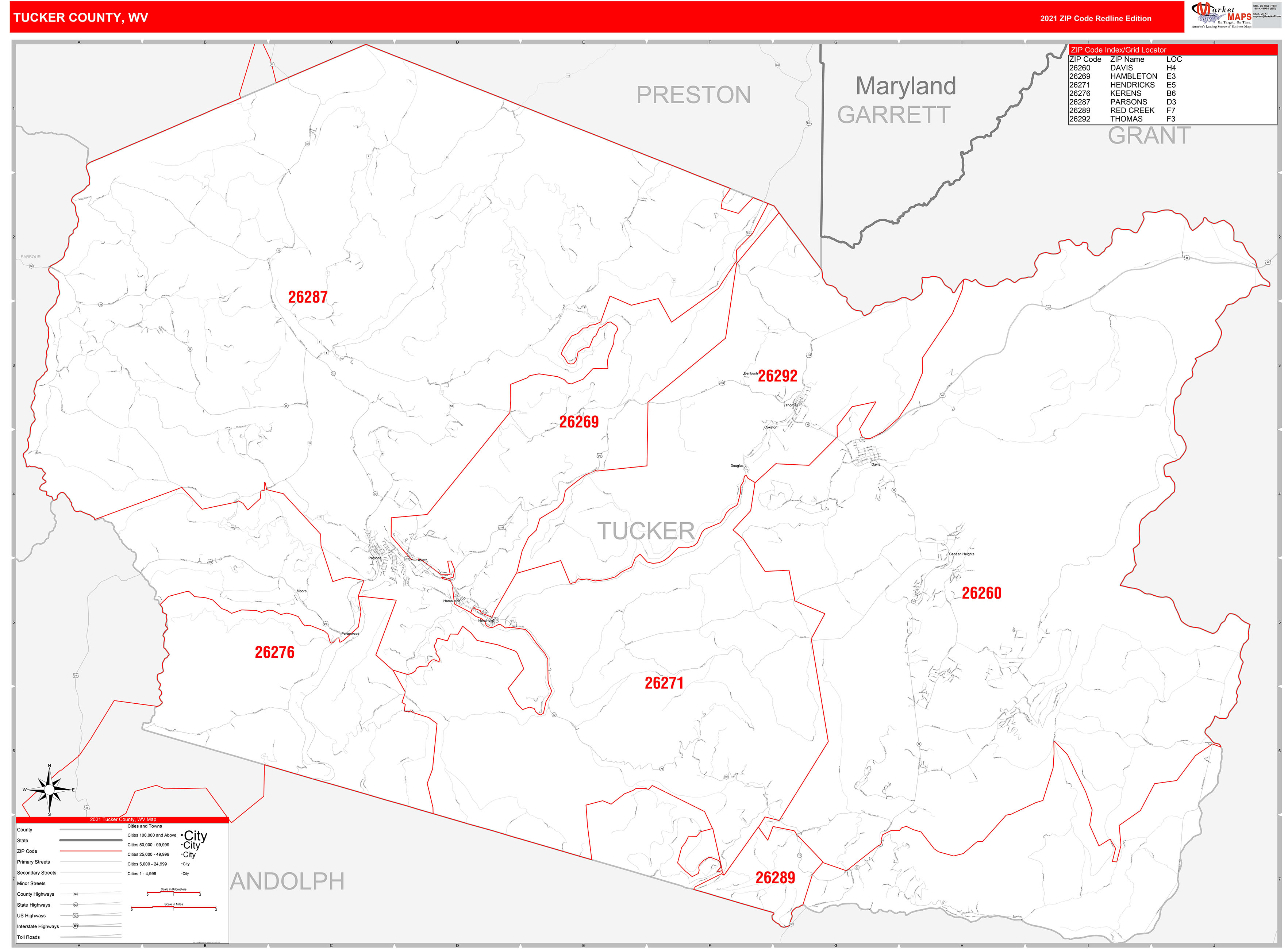 Tucker County, WV Zip Code Wall Map Red Line Style by MarketMAPS MapSales