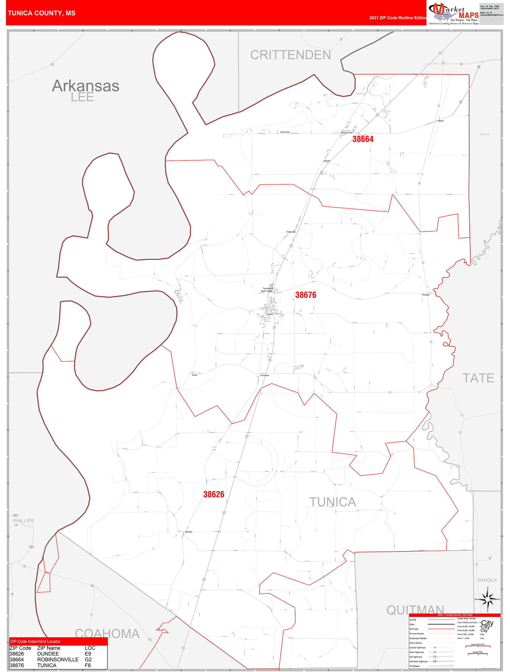 Tunica County, MS Zip Code Wall Map Red Line Style by MarketMAPS