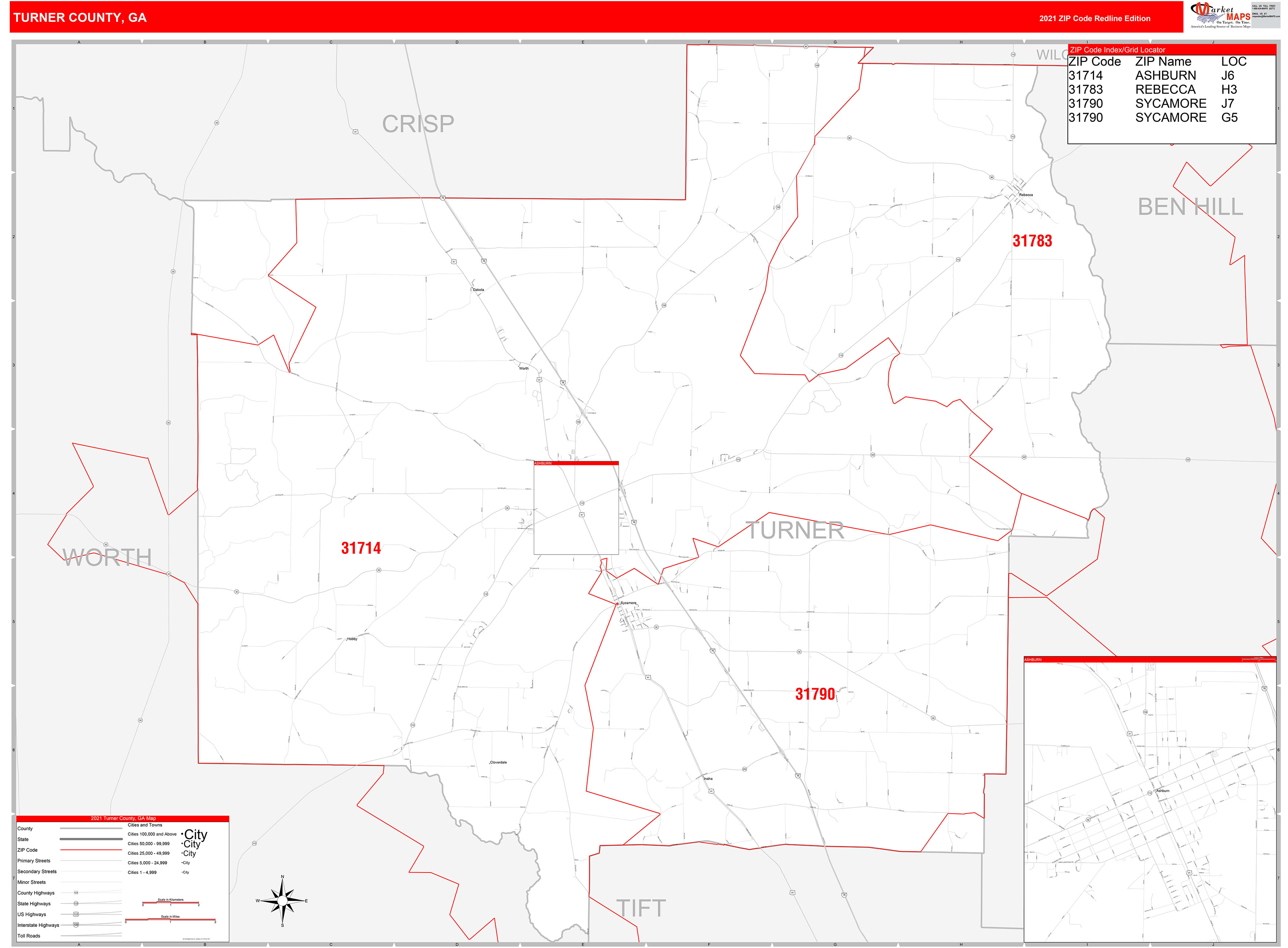 Turner County, GA Zip Code Wall Map Red Line Style by MarketMAPS MapSales