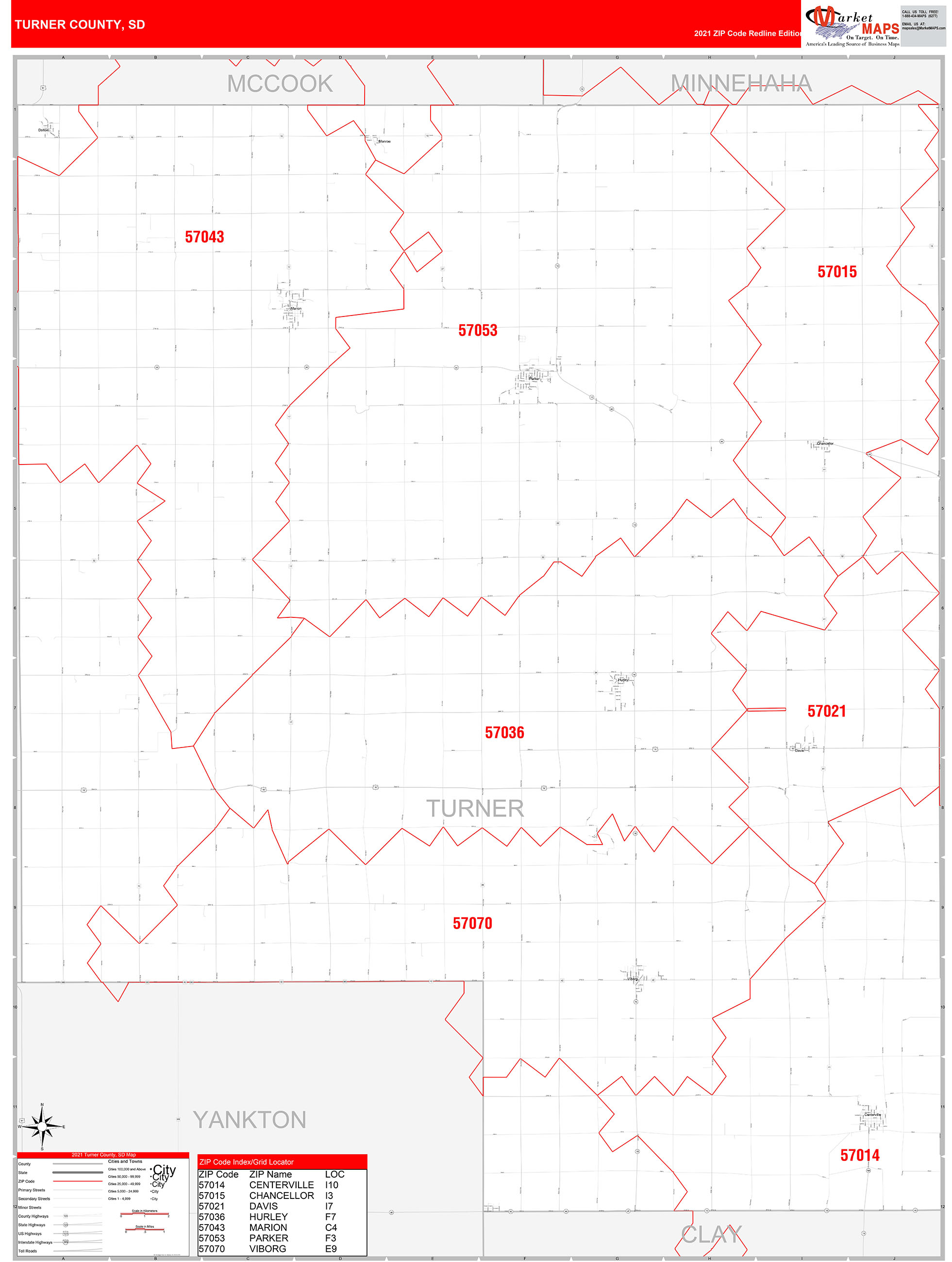 Turner County, SD Zip Code Wall Map Red Line Style by MarketMAPS