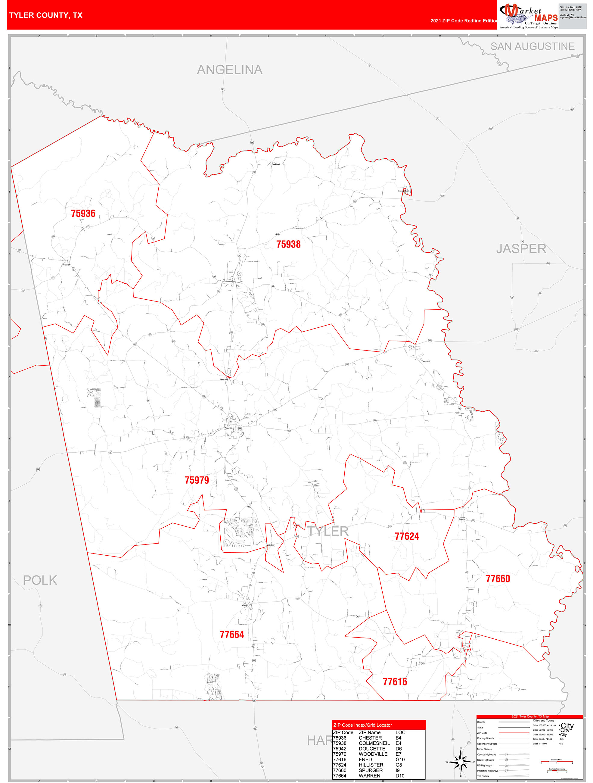 Tyler County Tx Zip Code Wall Map Red Line Style By Marketmaps Mapsales