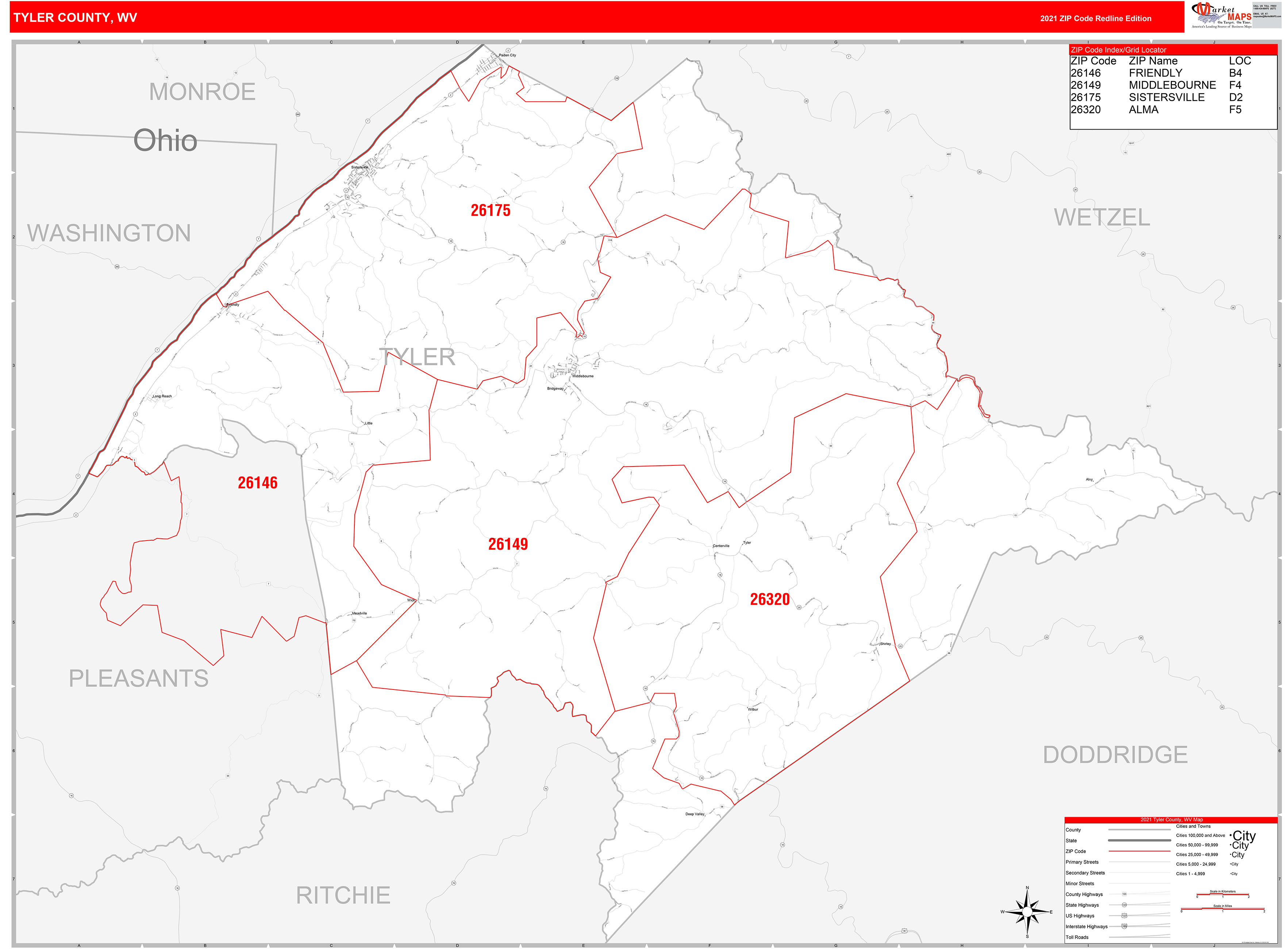 Tyler County, WV Zip Code Wall Map Red Line Style by MarketMAPS