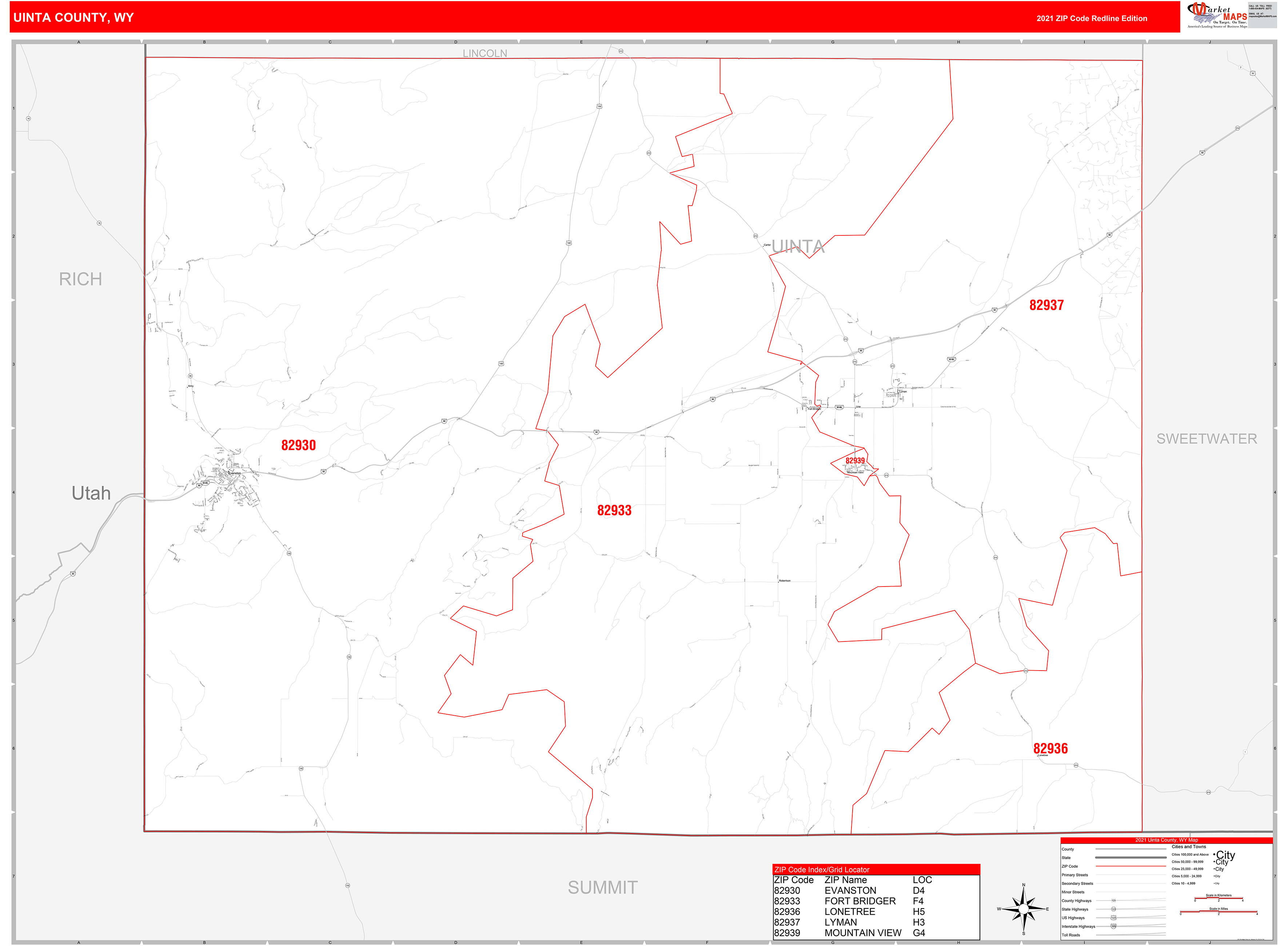 Uinta County, WY Zip Code Wall Map Red Line Style by MarketMAPS