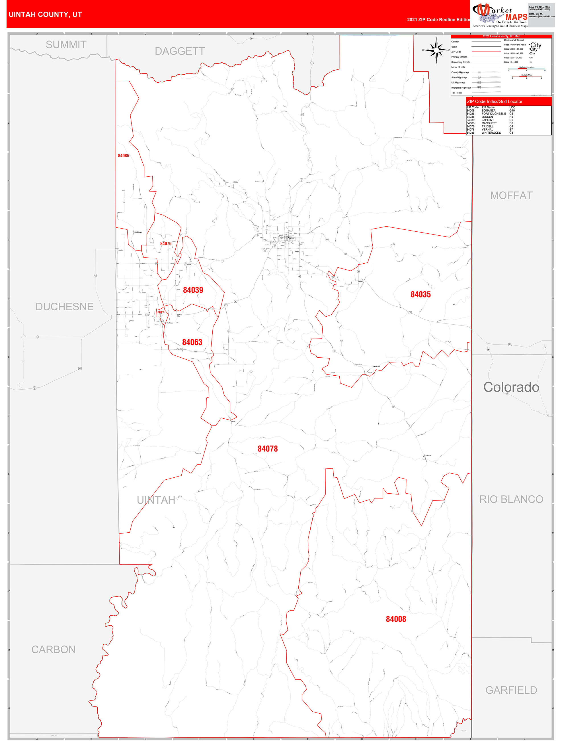 Uintah County, UT Zip Code Wall Map Red Line Style by MarketMAPS