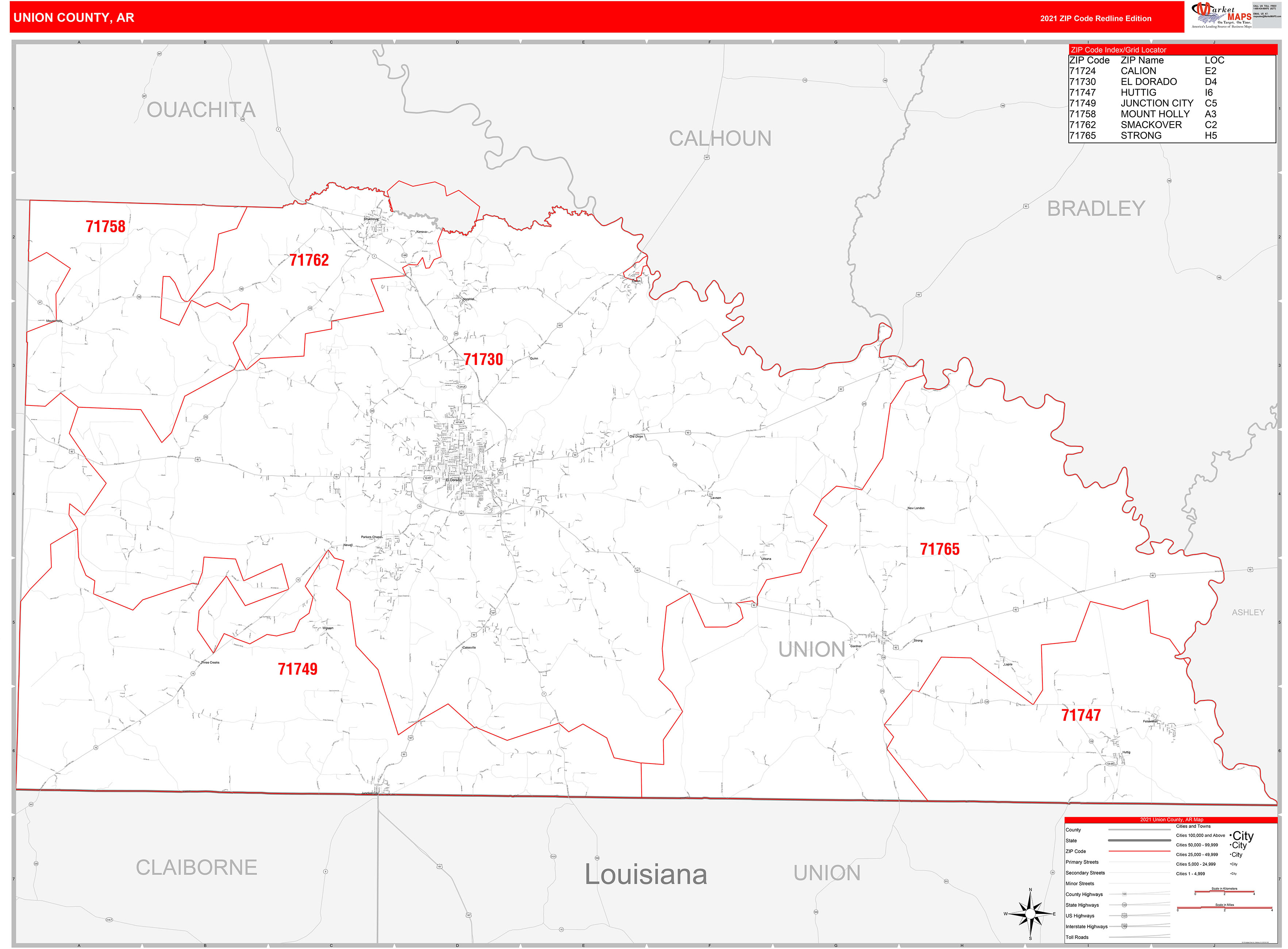 Union County, AR Zip Code Wall Map Red Line Style by MarketMAPS
