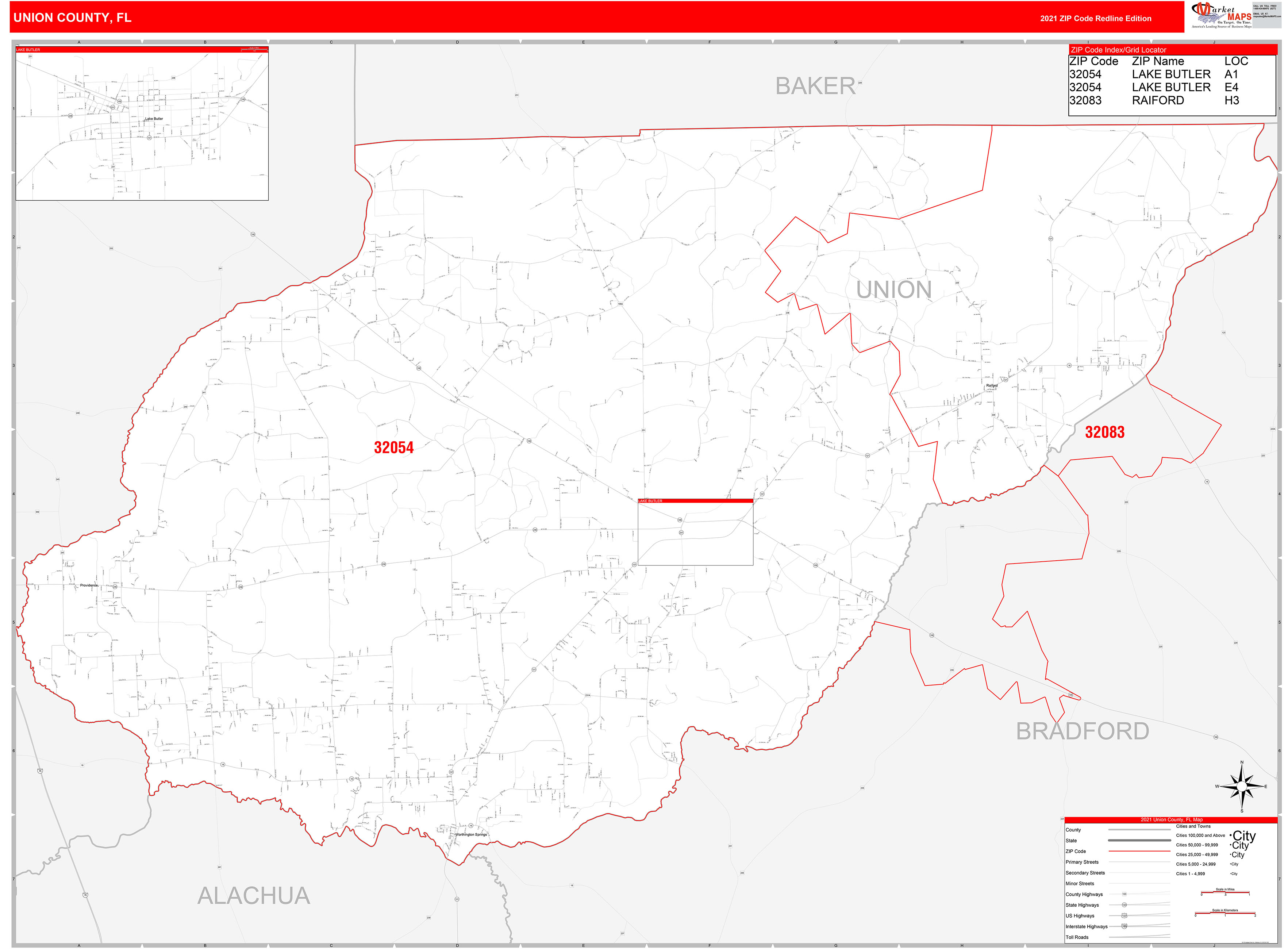 Union County, FL Zip Code Wall Map Red Line Style by MarketMAPS