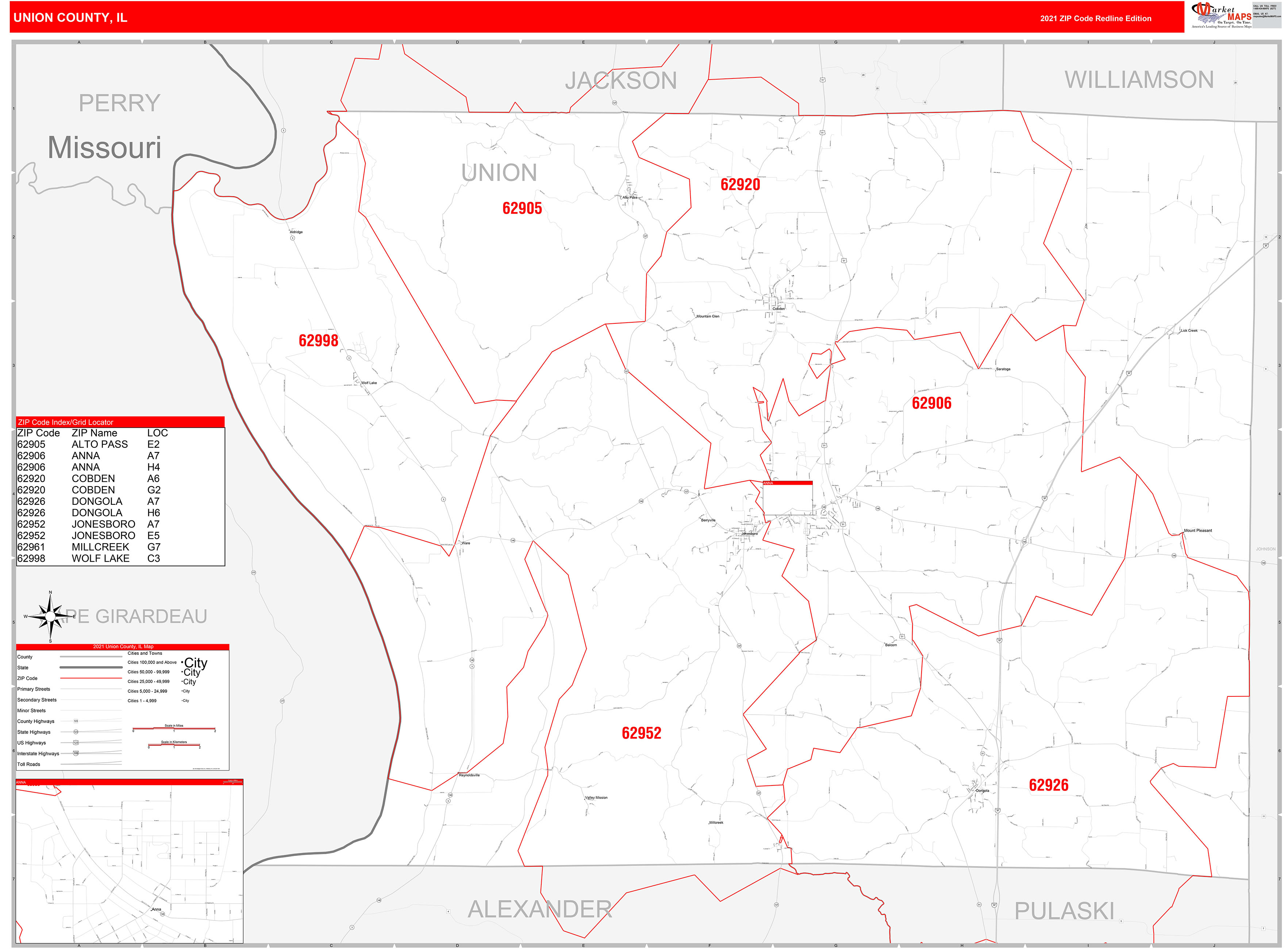 Union County, IL Zip Code Wall Map Red Line Style by MarketMAPS