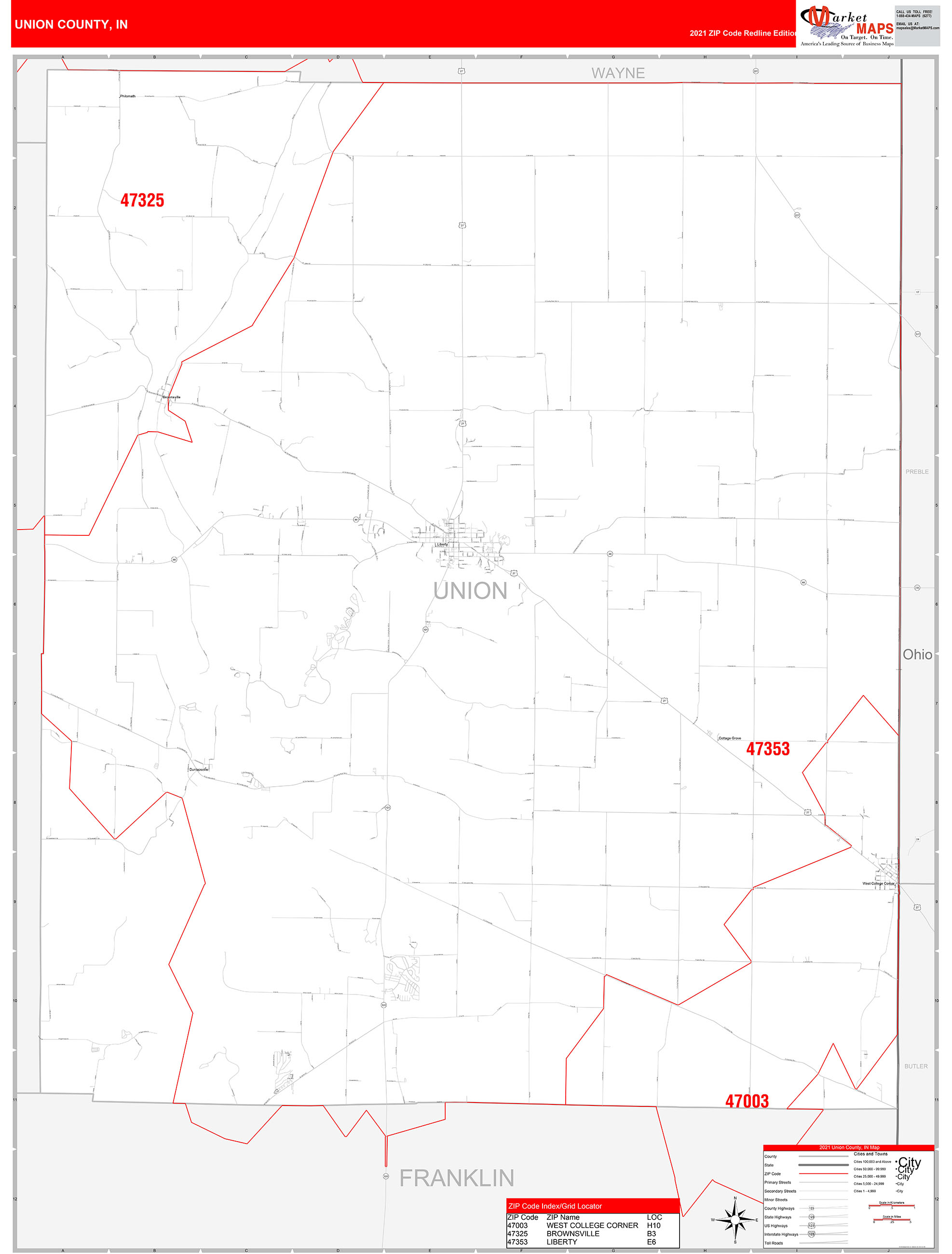 Union County, IN Zip Code Wall Map Red Line Style by MarketMAPS MapSales