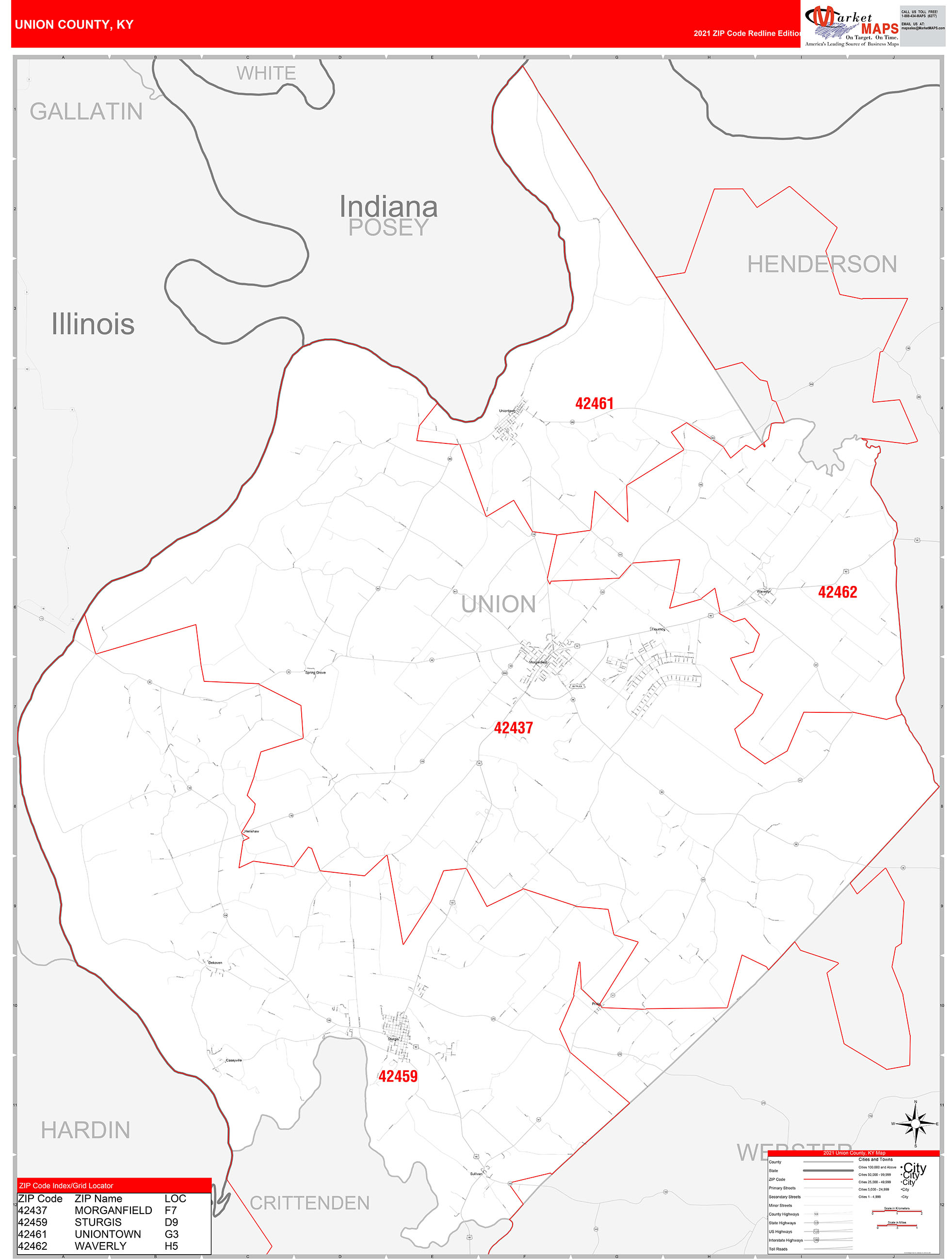 Union County, KY Zip Code Wall Map Red Line Style by MarketMAPS