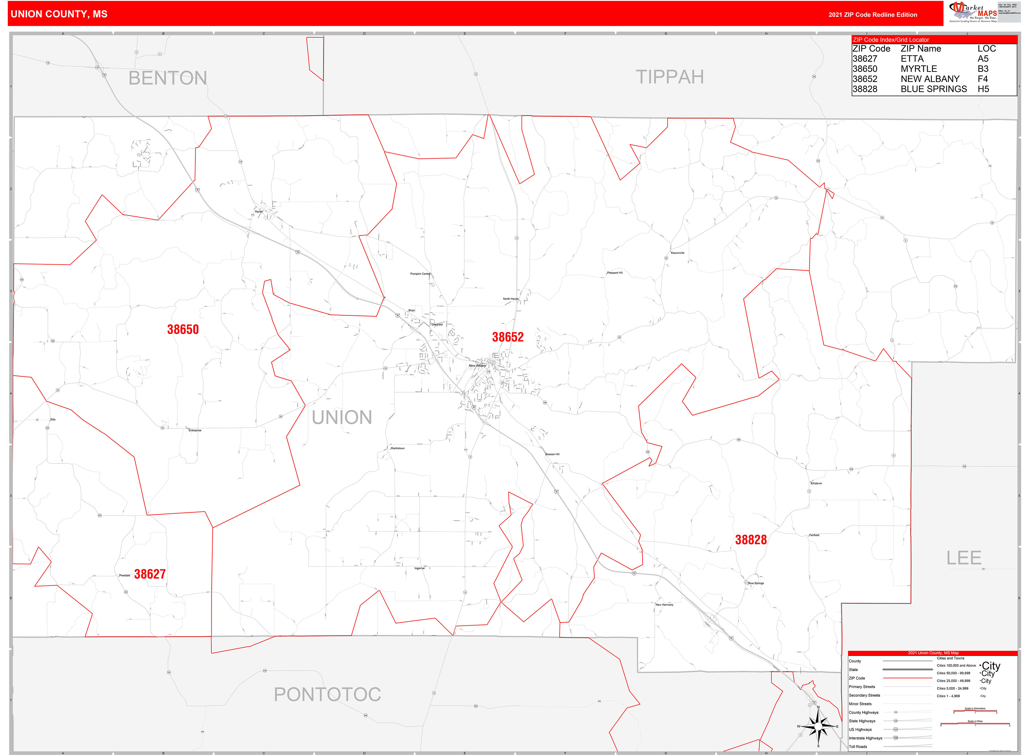 Union County, MS Zip Code Wall Map Red Line Style by MarketMAPS