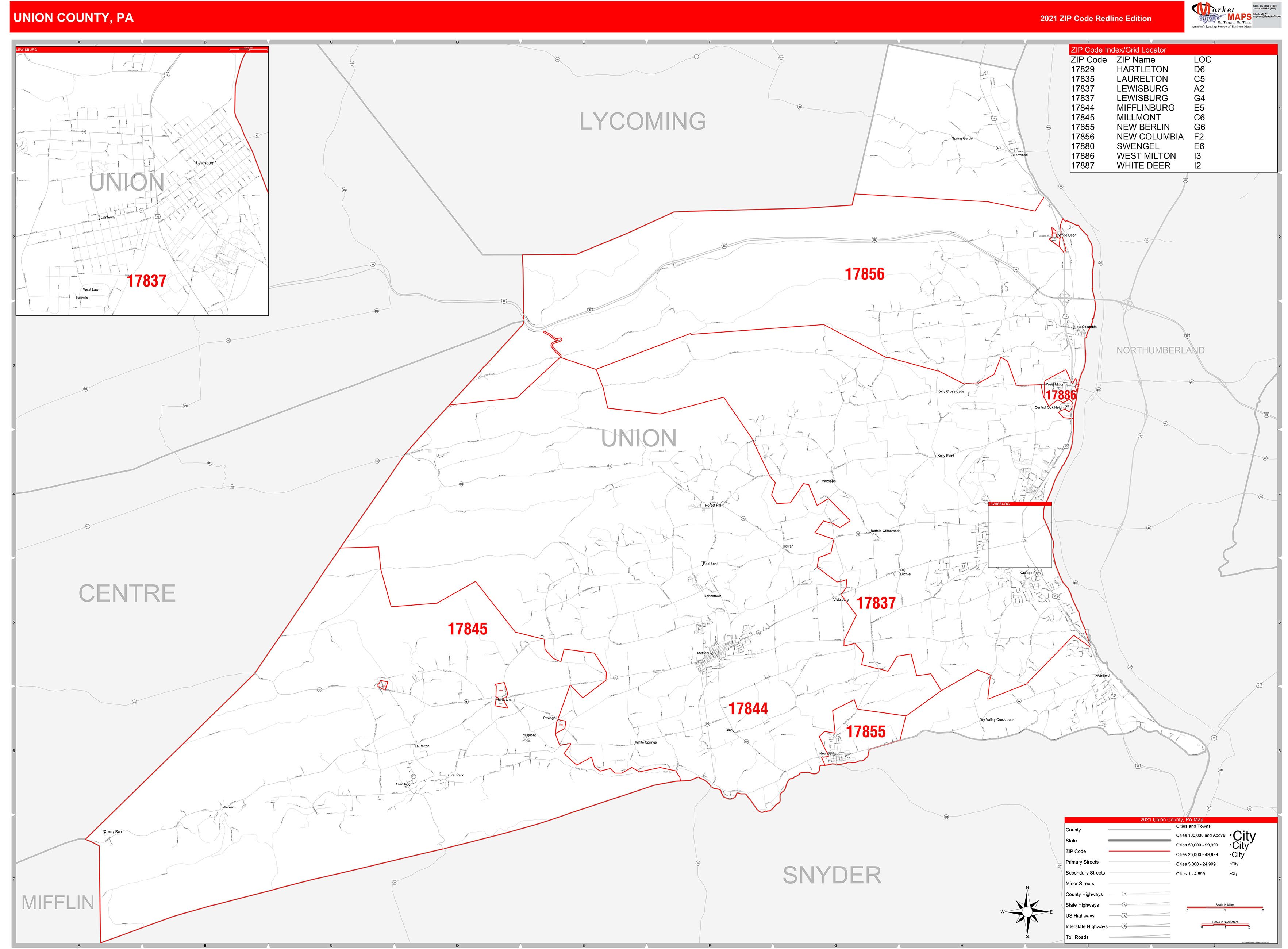 Union County, PA Zip Code Wall Map Red Line Style by MarketMAPS MapSales