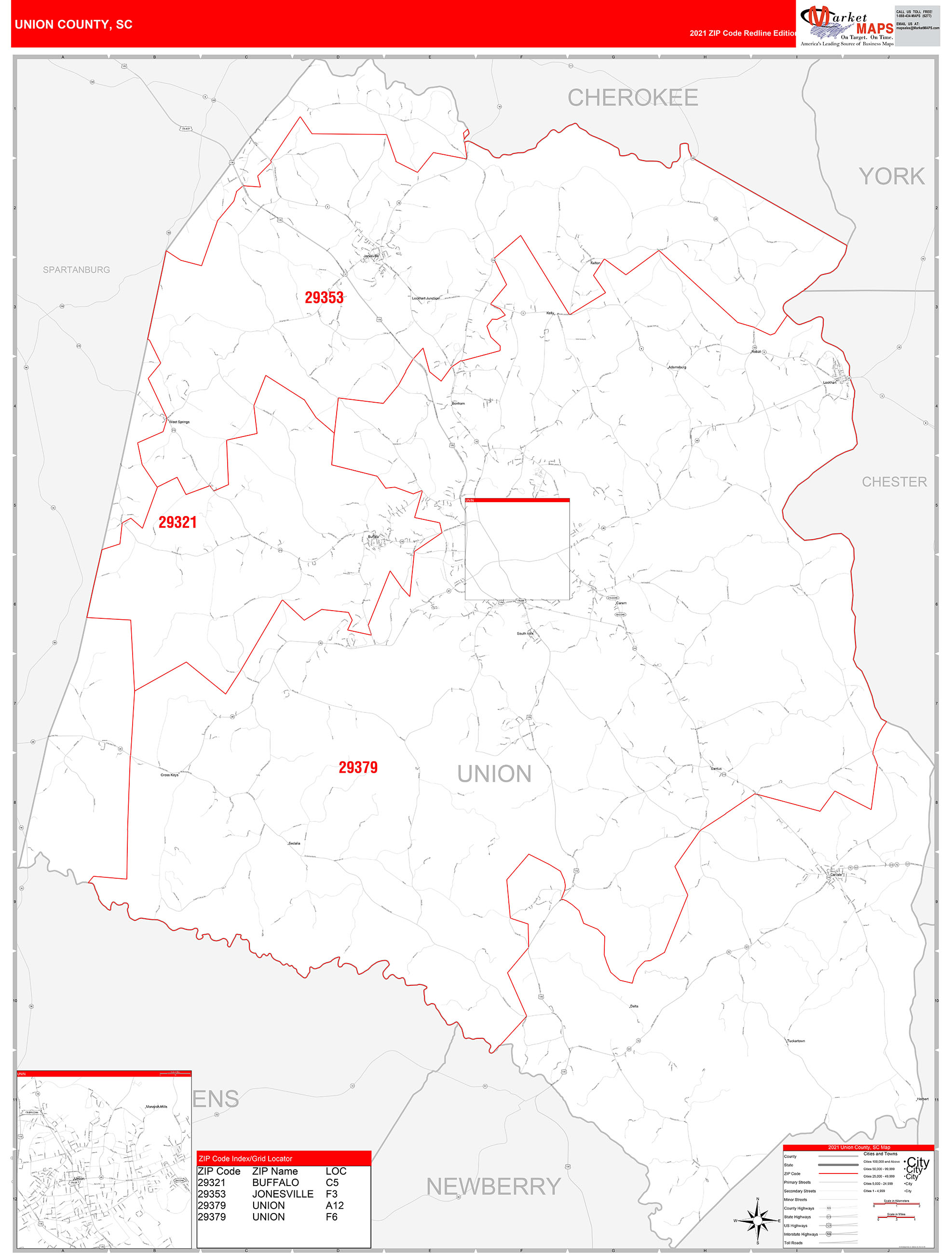 Union County, SC Zip Code Wall Map Red Line Style by MarketMAPS MapSales