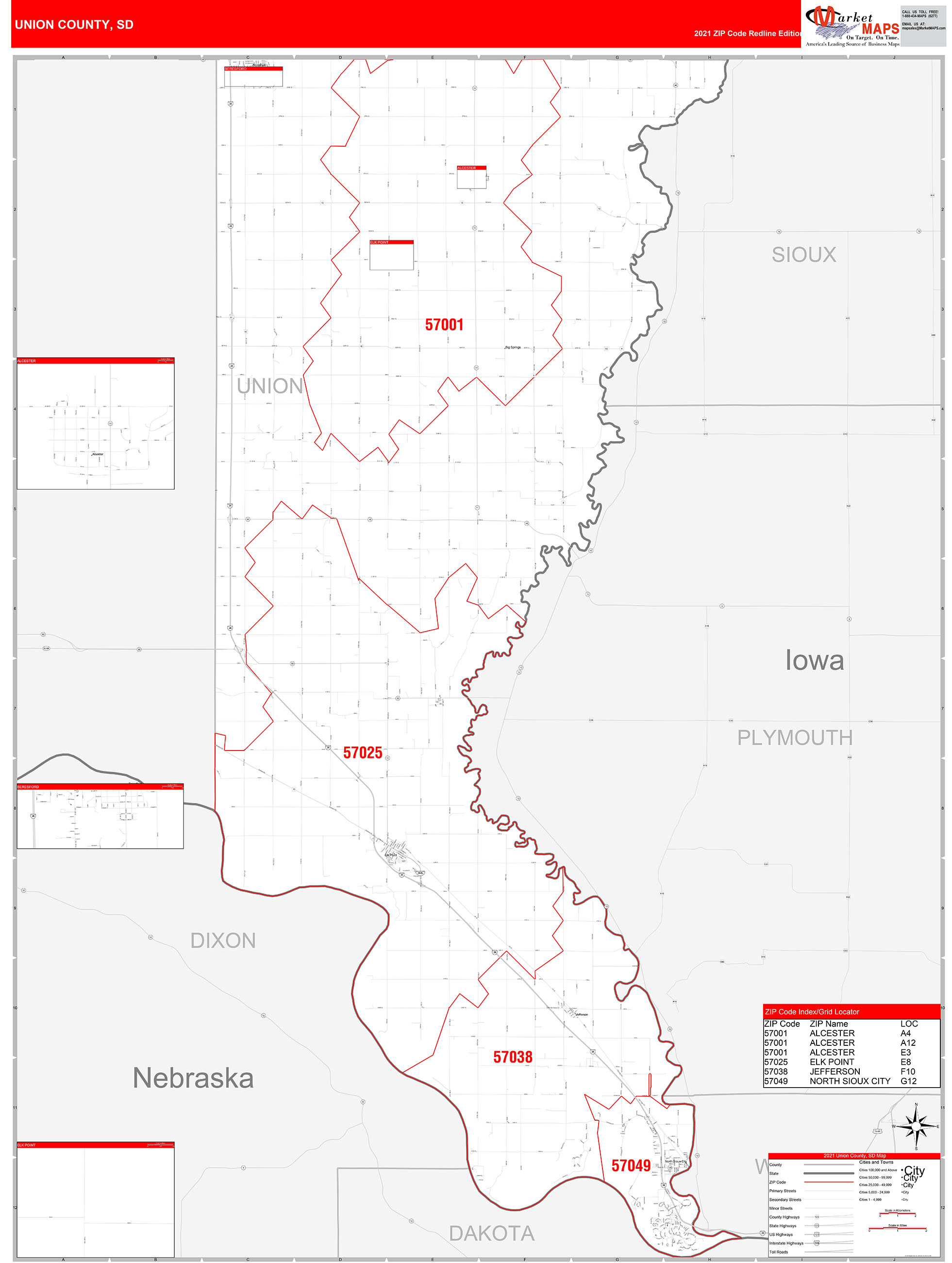 Union County, SD Zip Code Wall Map Red Line Style by MarketMAPS