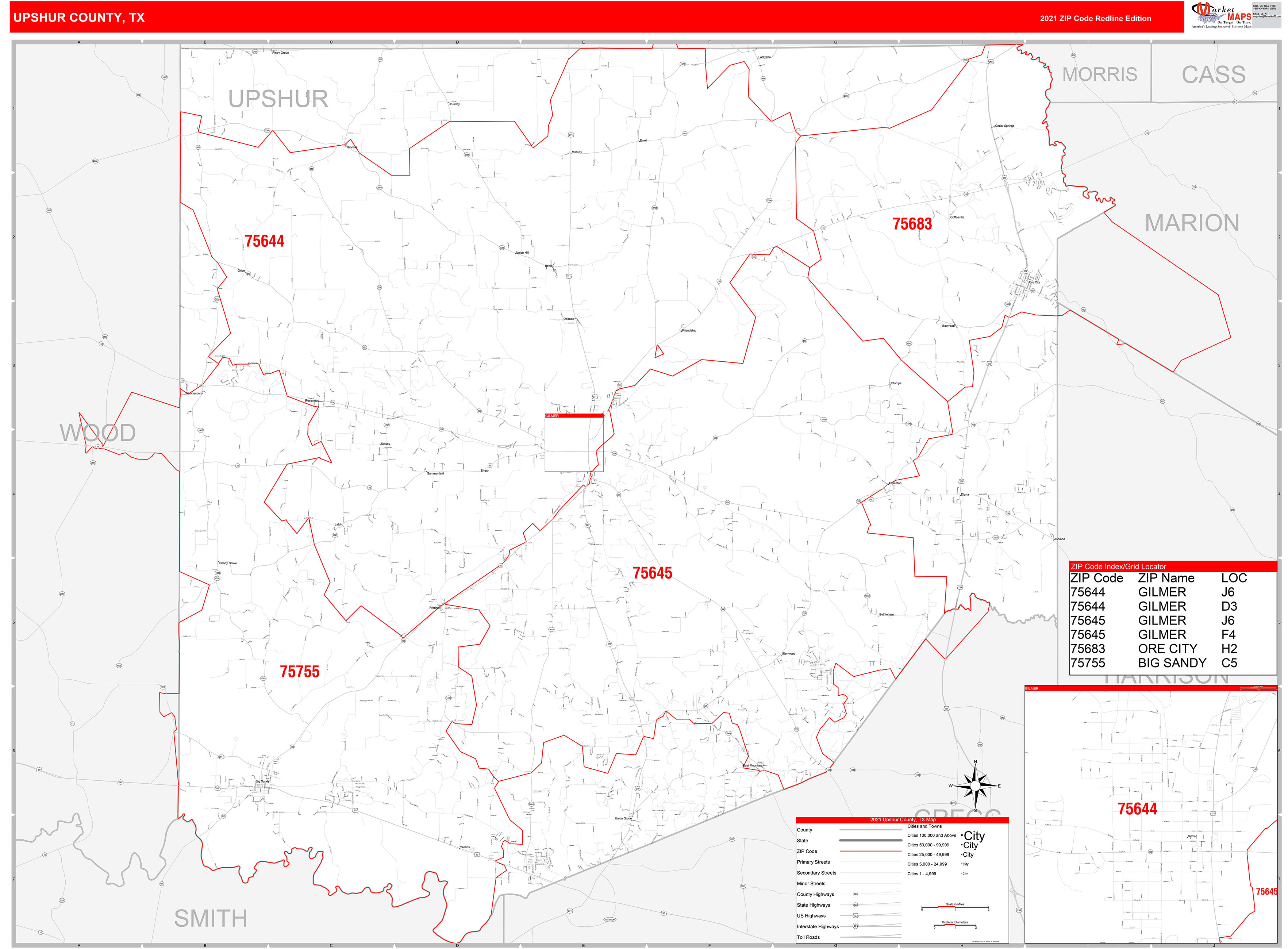 Upshur County, TX Zip Code Wall Map Red Line Style by MarketMAPS