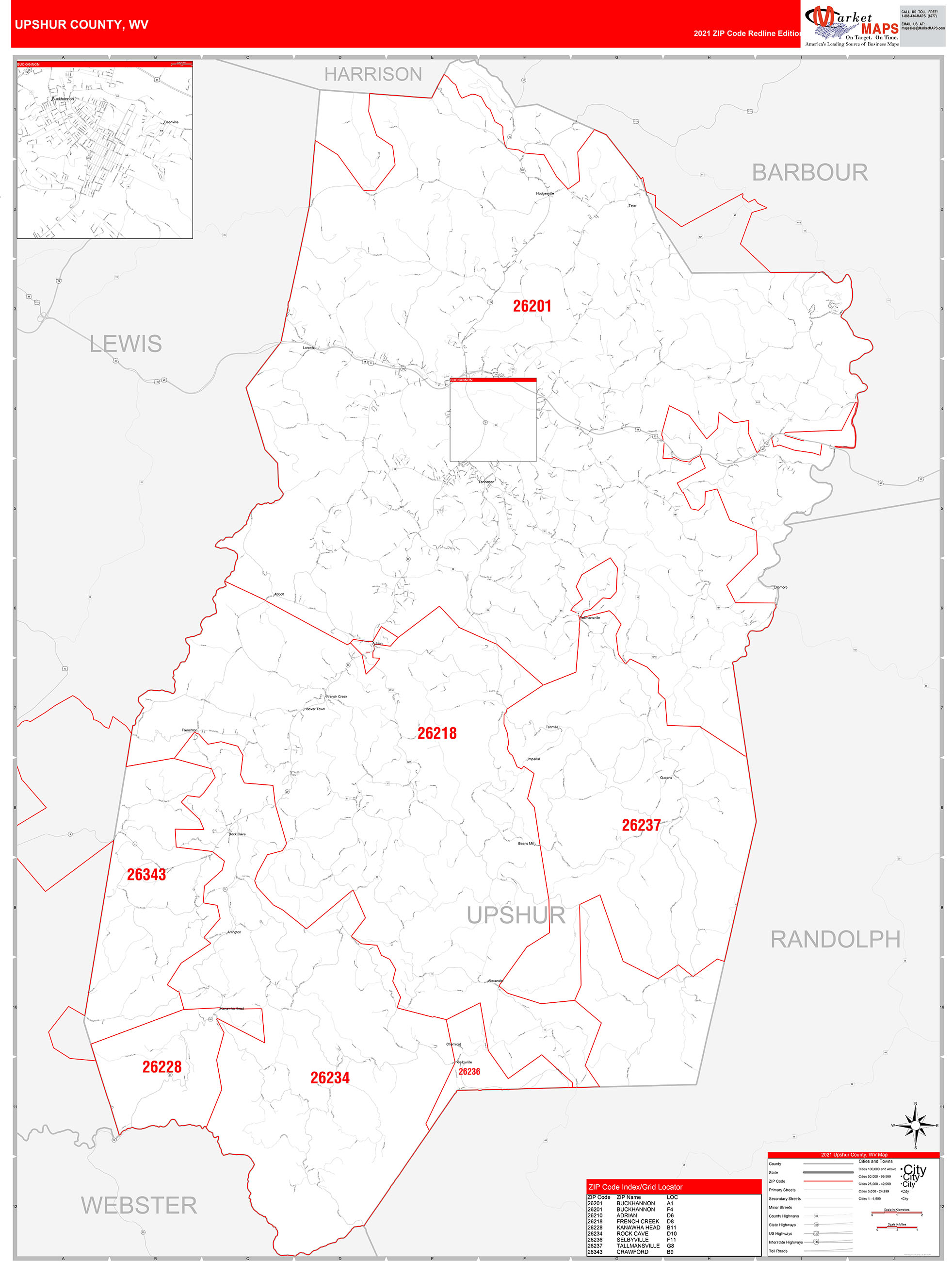 Upshur County, WV Zip Code Wall Map Red Line Style by MarketMAPS