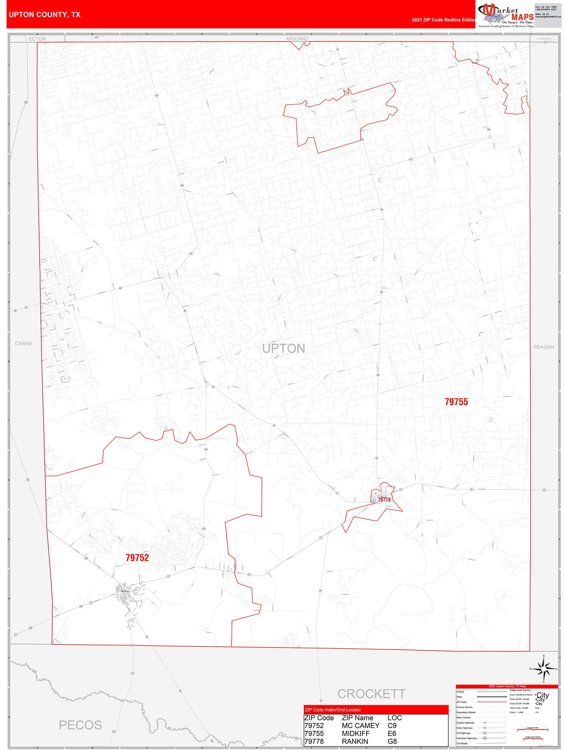 Upton County, TX Zip Code Wall Map Red Line Style by MarketMAPS