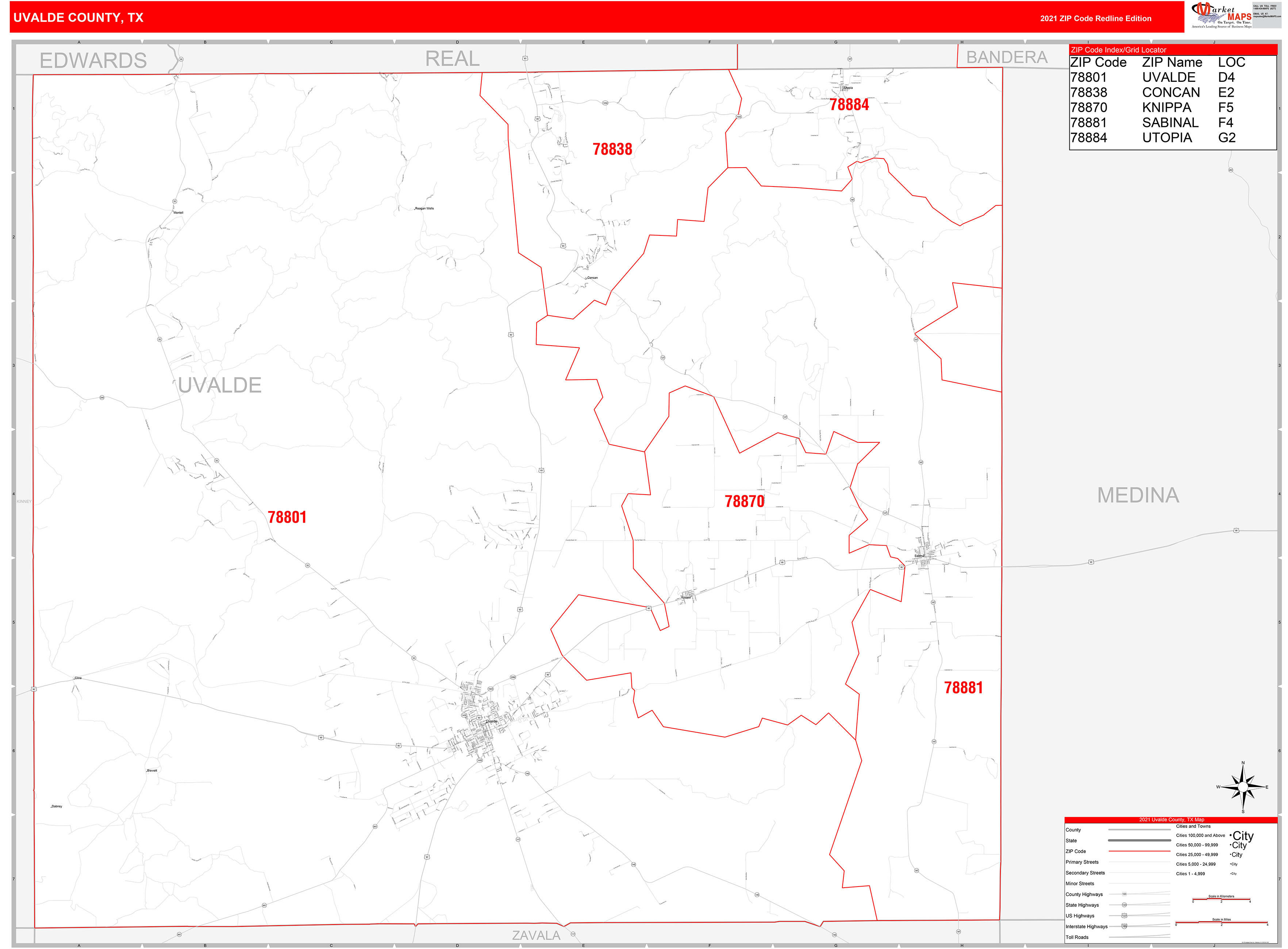 Uvalde County, TX Zip Code Wall Map Red Line Style by MarketMAPS