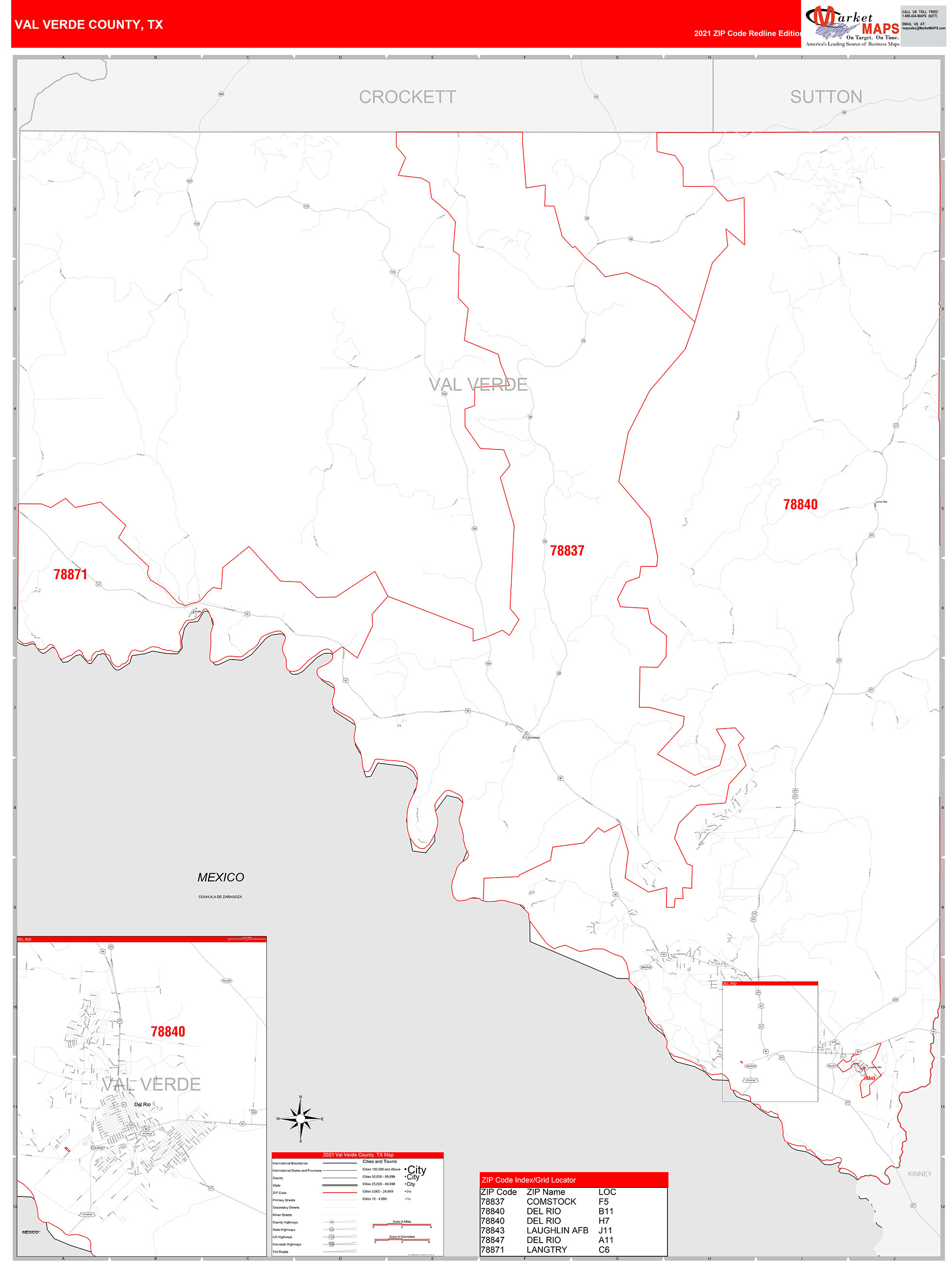 Val Verde County, TX Zip Code Wall Map Red Line Style by MarketMAPS