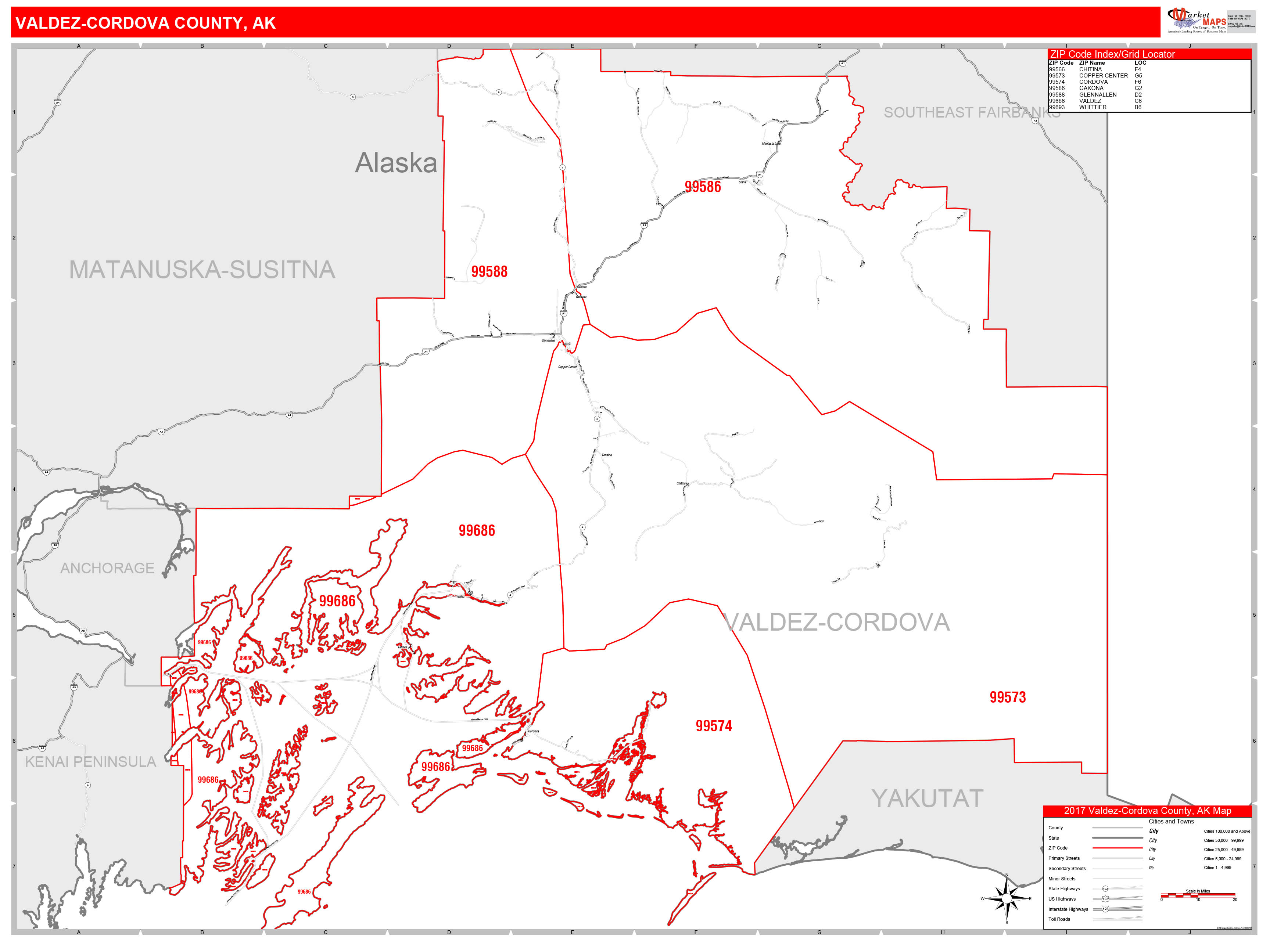 ValdezCordova County, AK Zip Code Wall Map Red Line Style by