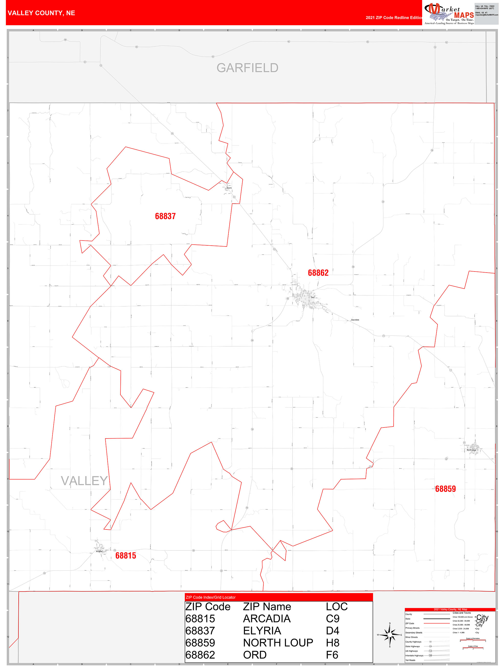 Valley County, NE Zip Code Wall Map Red Line Style by MarketMAPS
