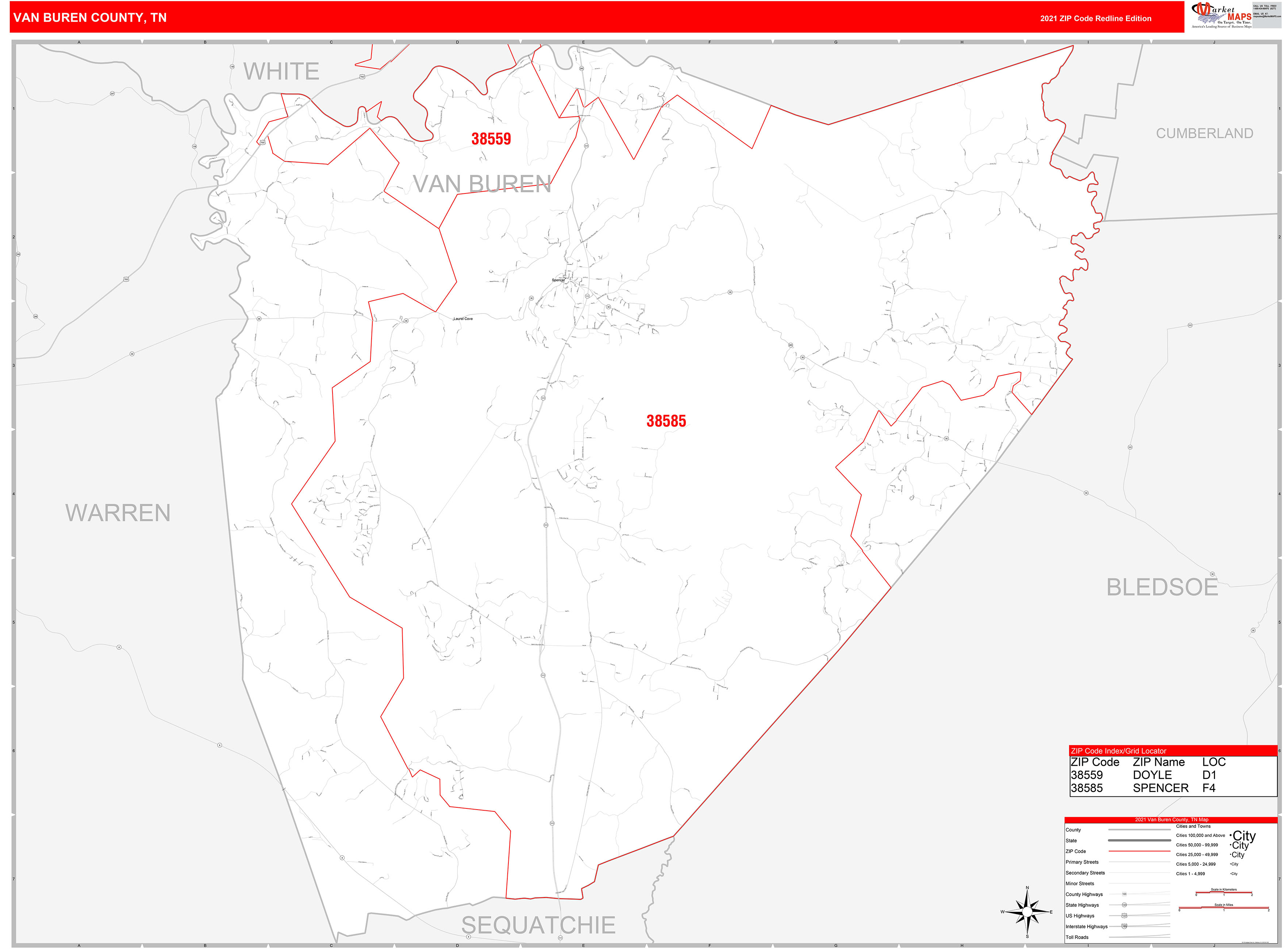 Van Buren County, TN Zip Code Wall Map Red Line Style by MarketMAPS
