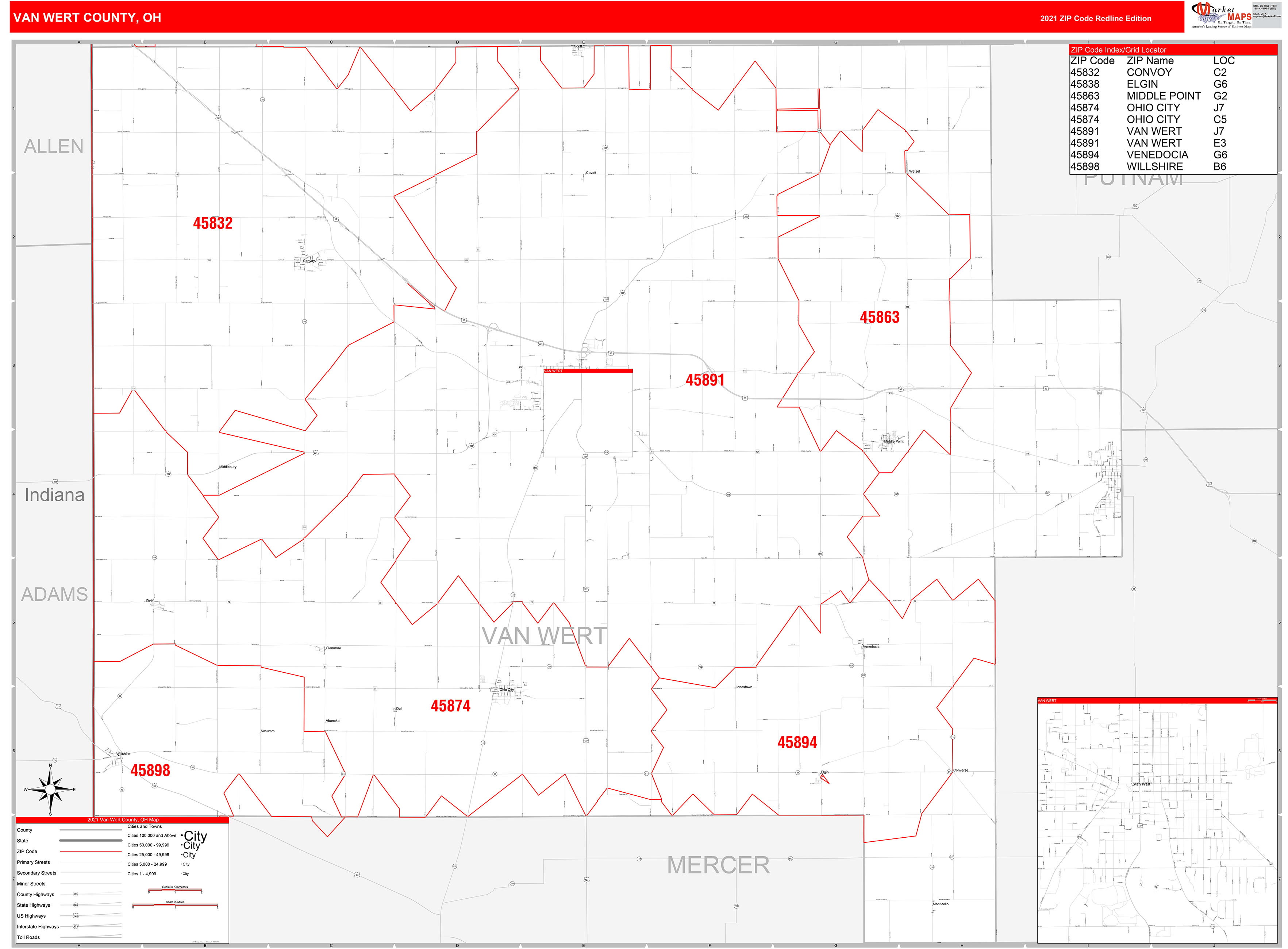 Van Wert County, OH Zip Code Wall Map Red Line Style by MarketMAPS