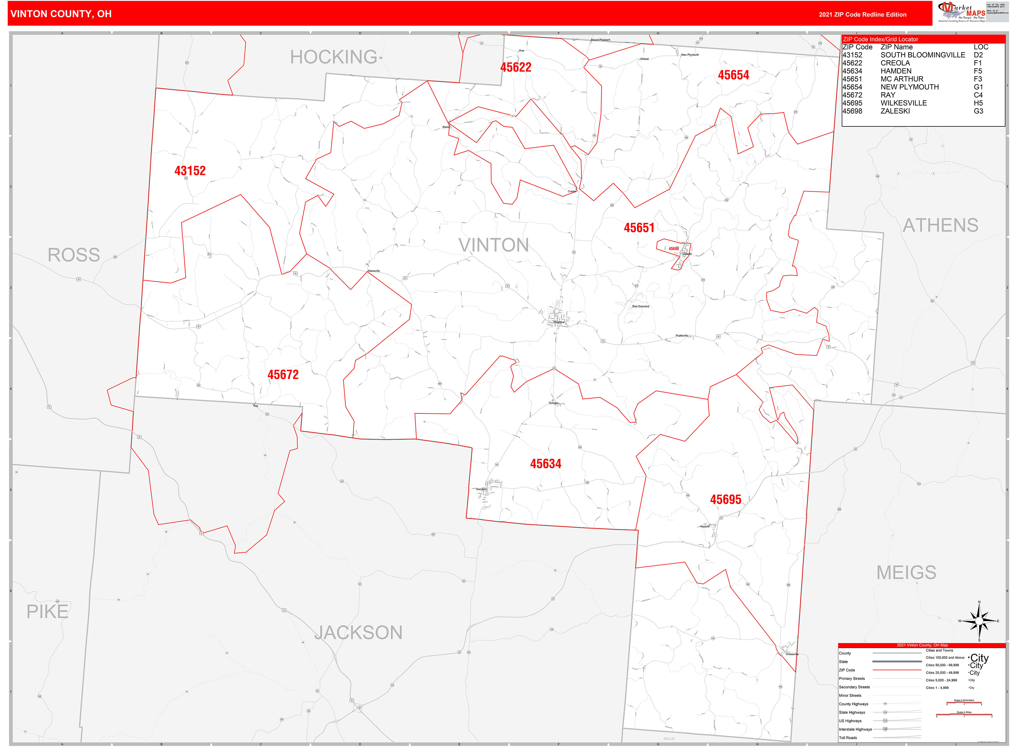 Vinton County, OH Zip Code Wall Map Red Line Style by MarketMAPS MapSales