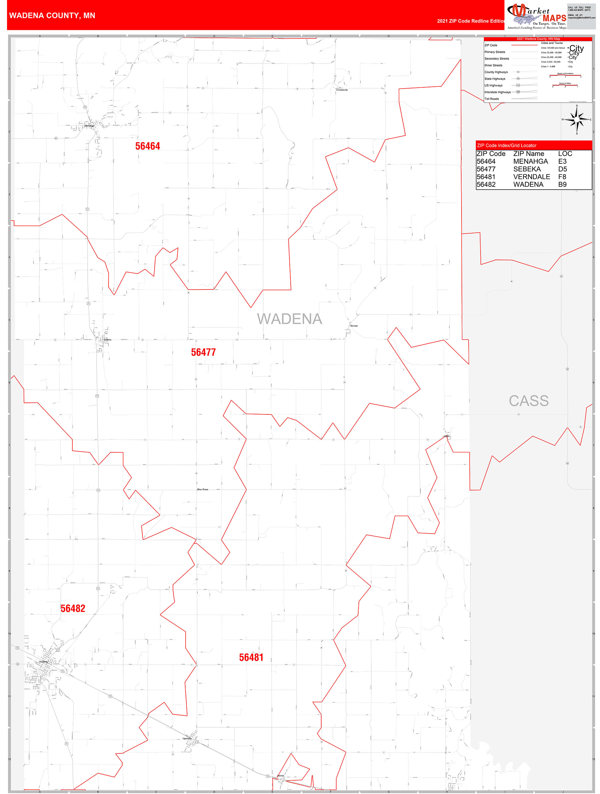 Wadena County, MN Zip Code Wall Map Red Line Style by MarketMAPS