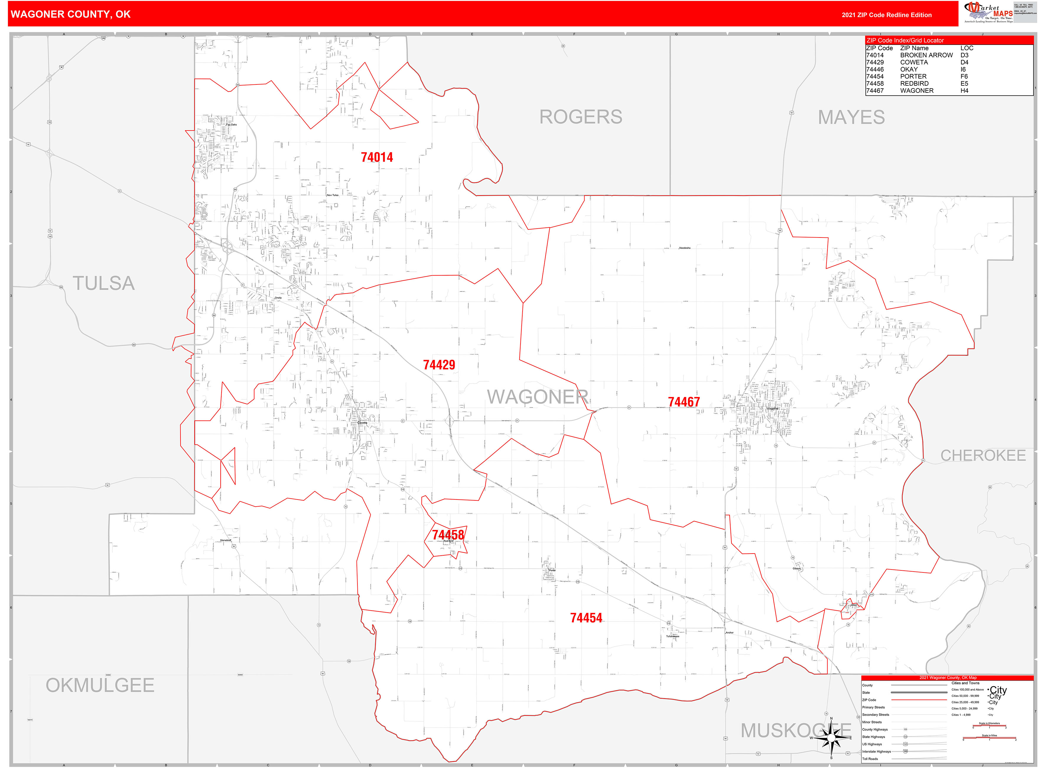 Wagoner County, OK Zip Code Wall Map Red Line Style by MarketMAPS