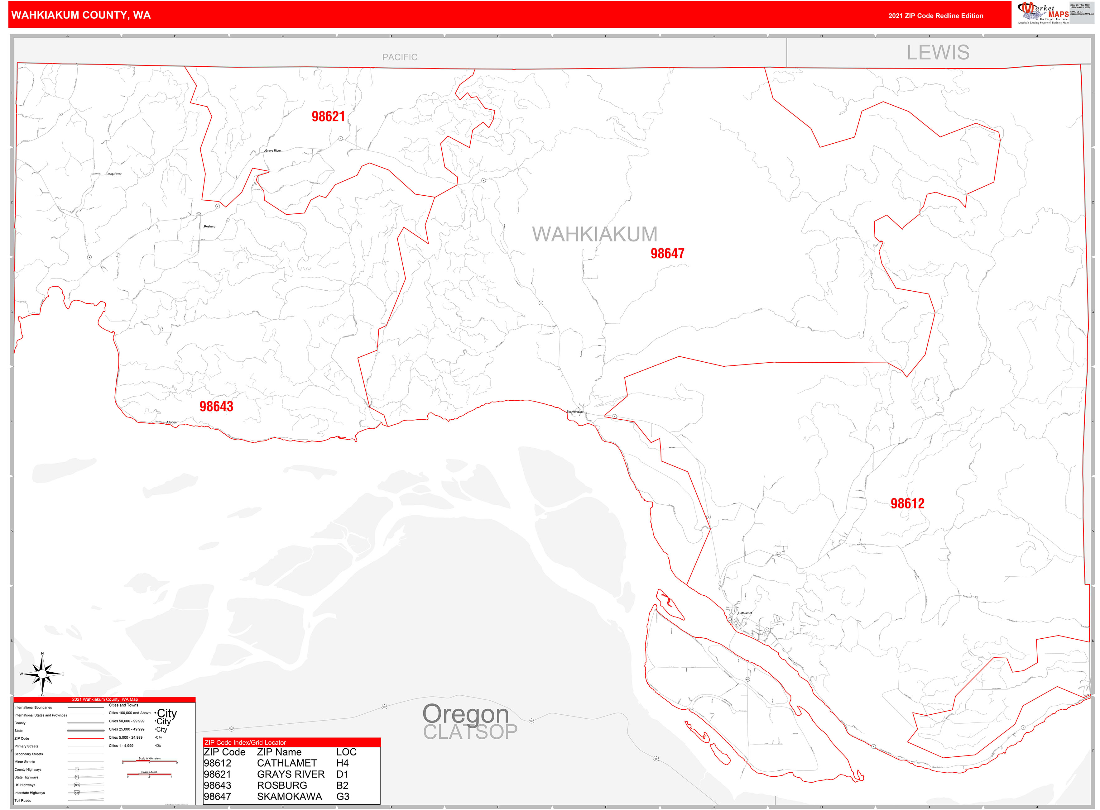Wahkiakum County, WA Zip Code Wall Map Red Line Style by MarketMAPS