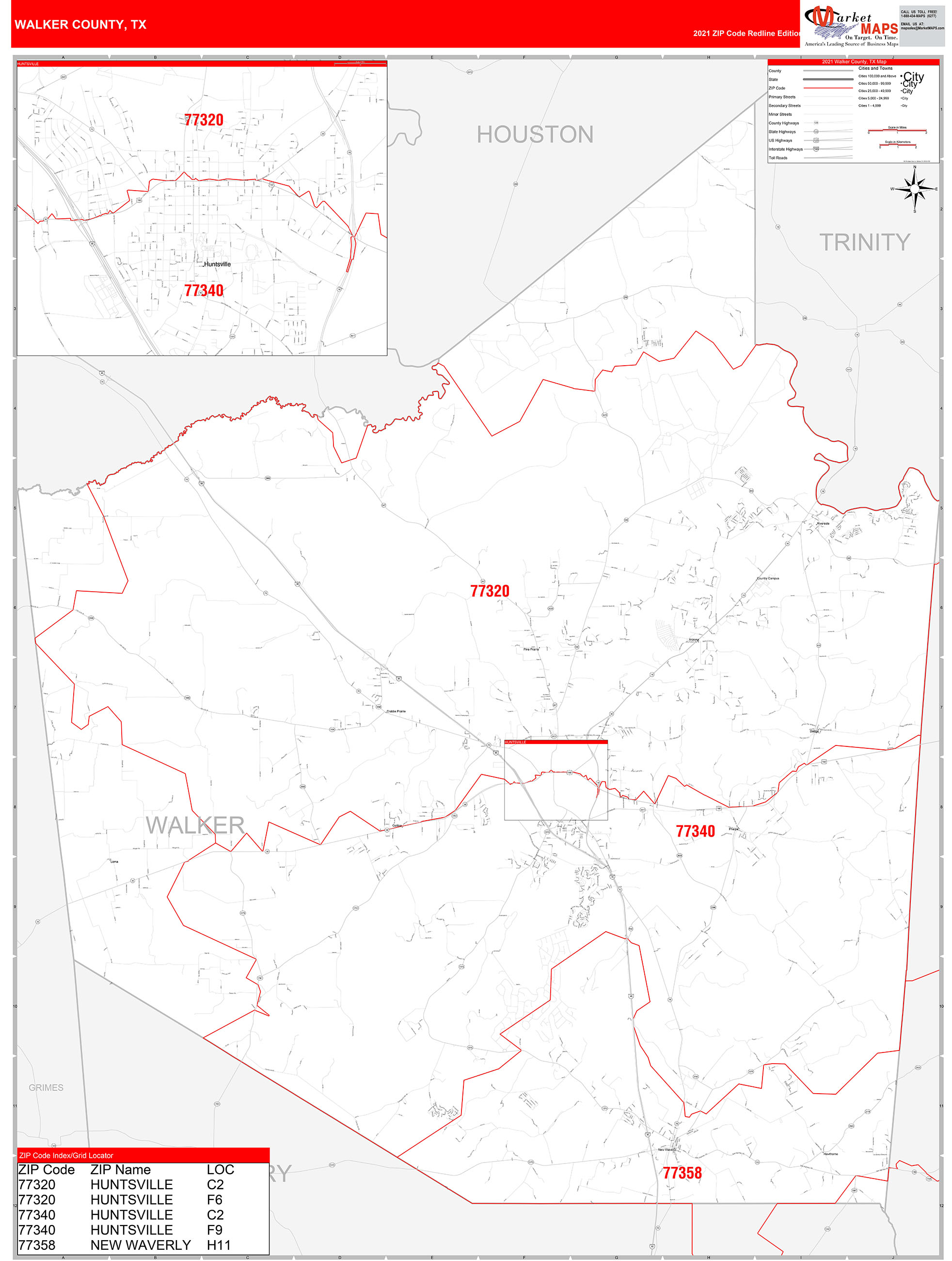 Walker County, TX Zip Code Wall Map Red Line Style by MarketMAPS