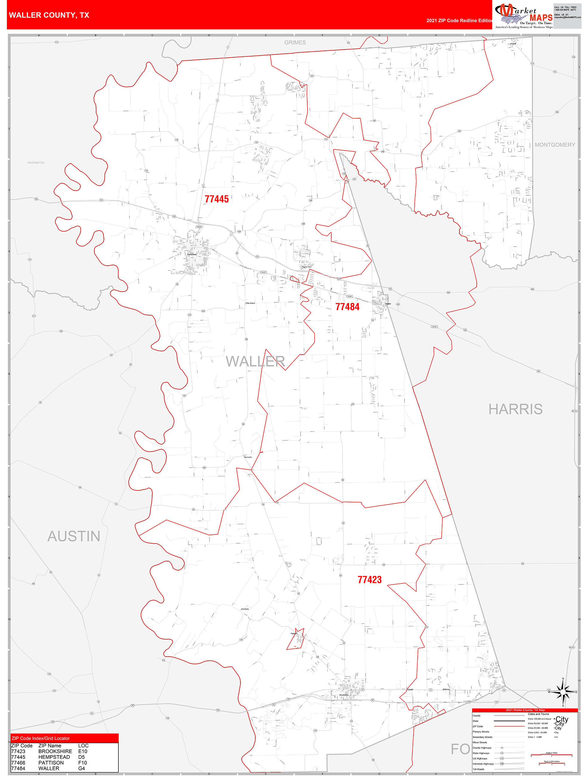 Waller County, TX Zip Code Wall Map Red Line Style by MarketMAPS MapSales