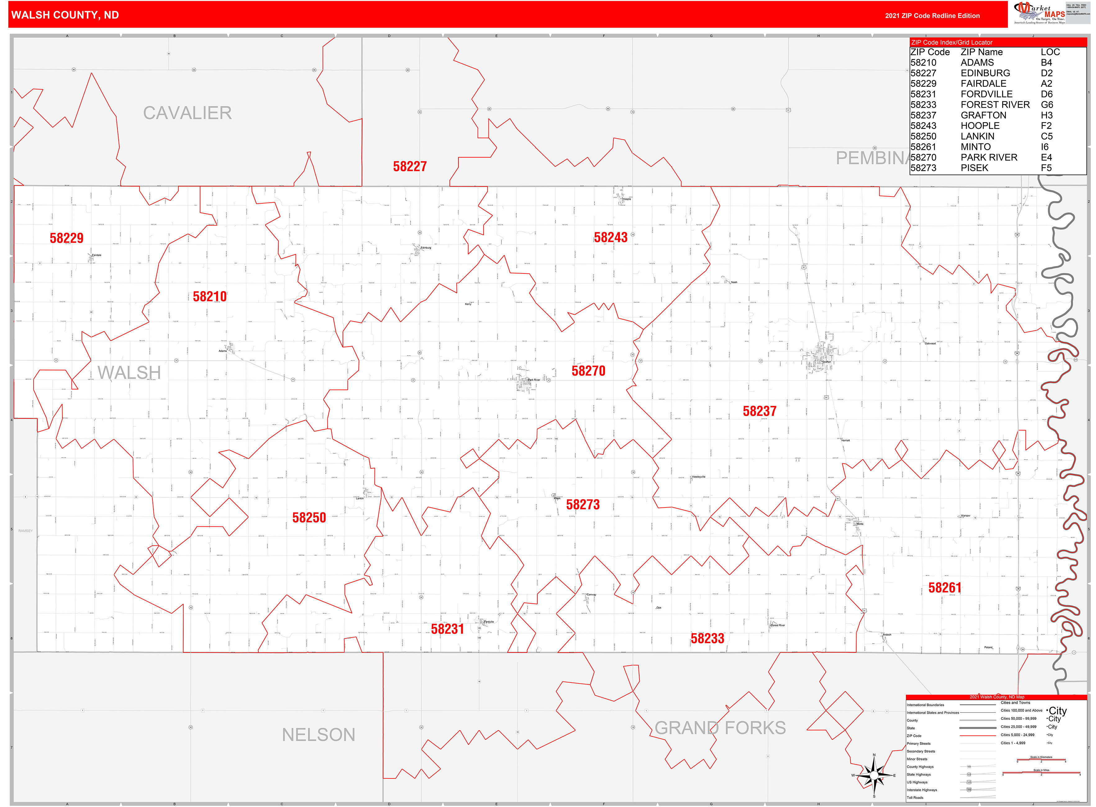 Walsh County, ND Zip Code Wall Map Red Line Style by MarketMAPS