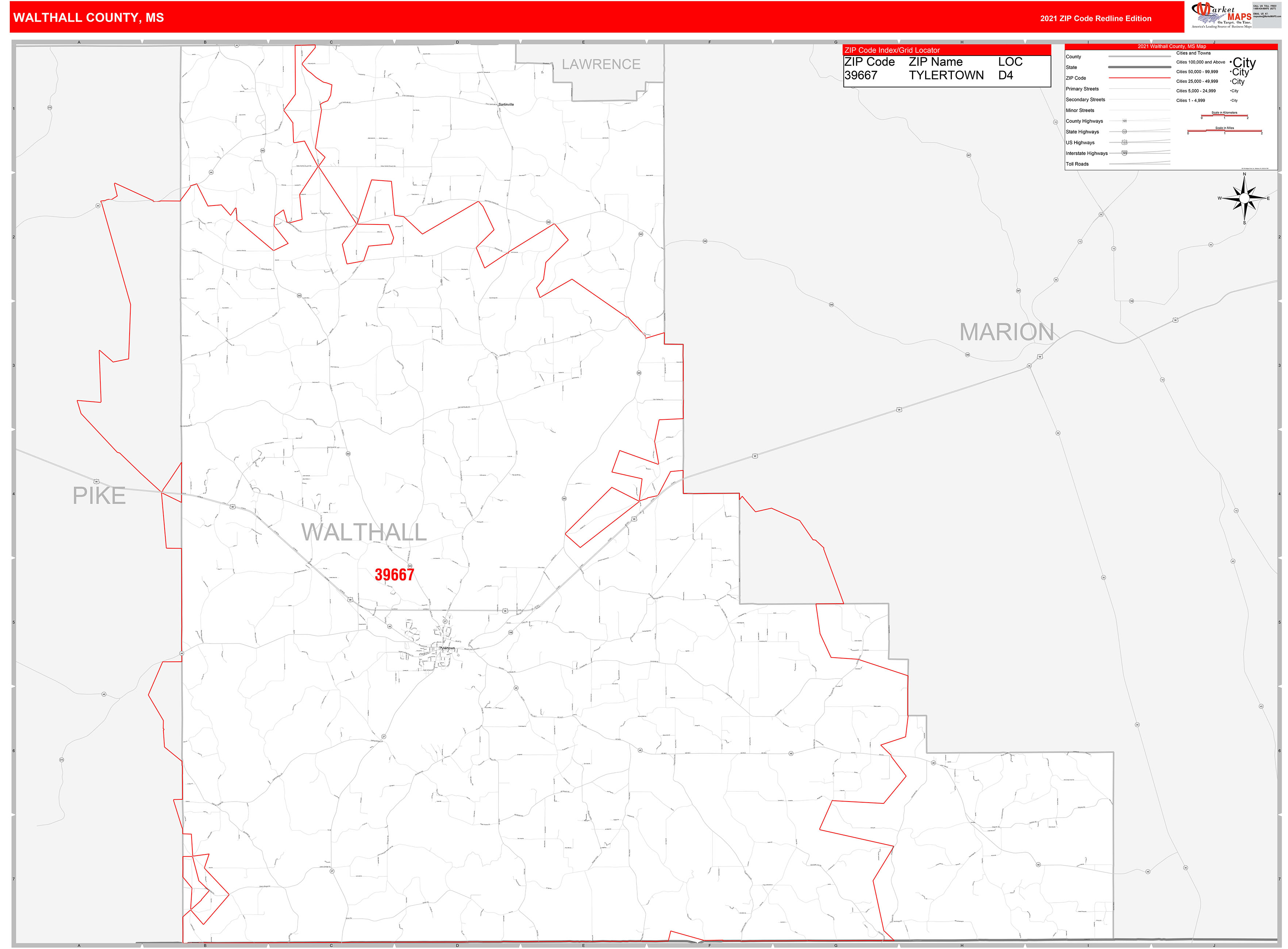Walthall County, MS Zip Code Wall Map Red Line Style by MarketMAPS