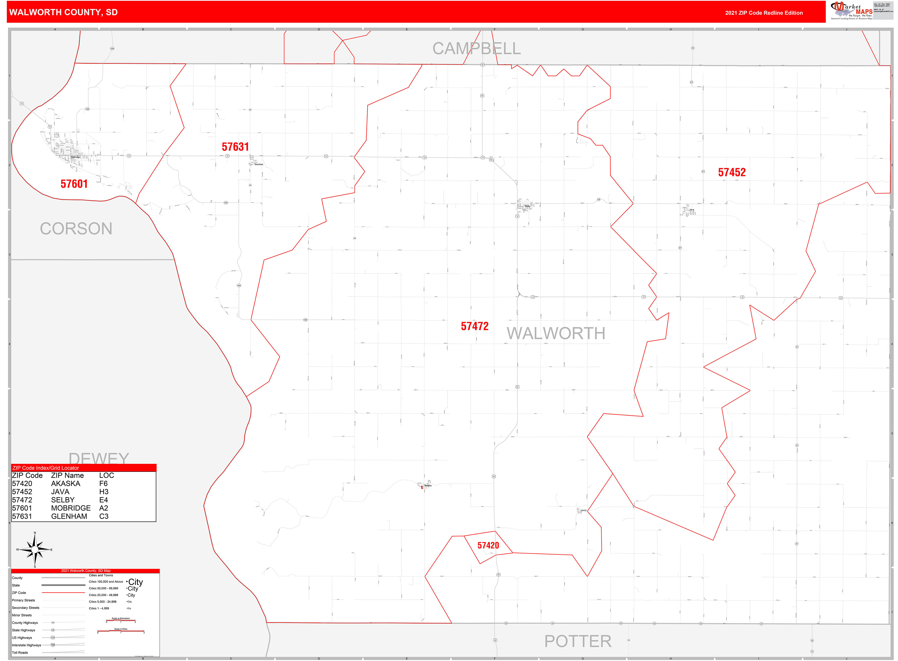 Walworth County, SD Zip Code Wall Map Red Line Style by MarketMAPS