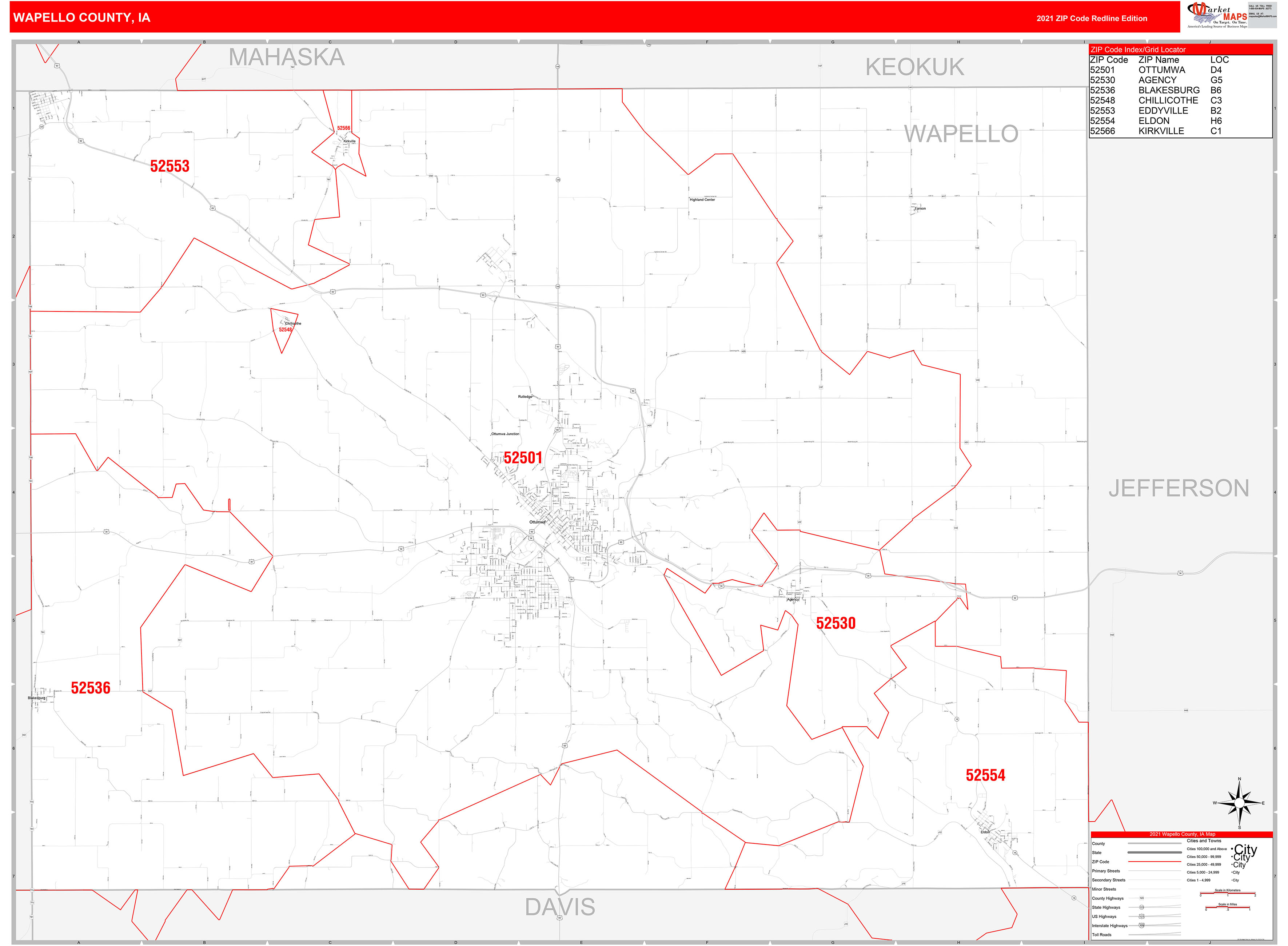 Wapello County, IA Zip Code Wall Map Red Line Style by MarketMAPS