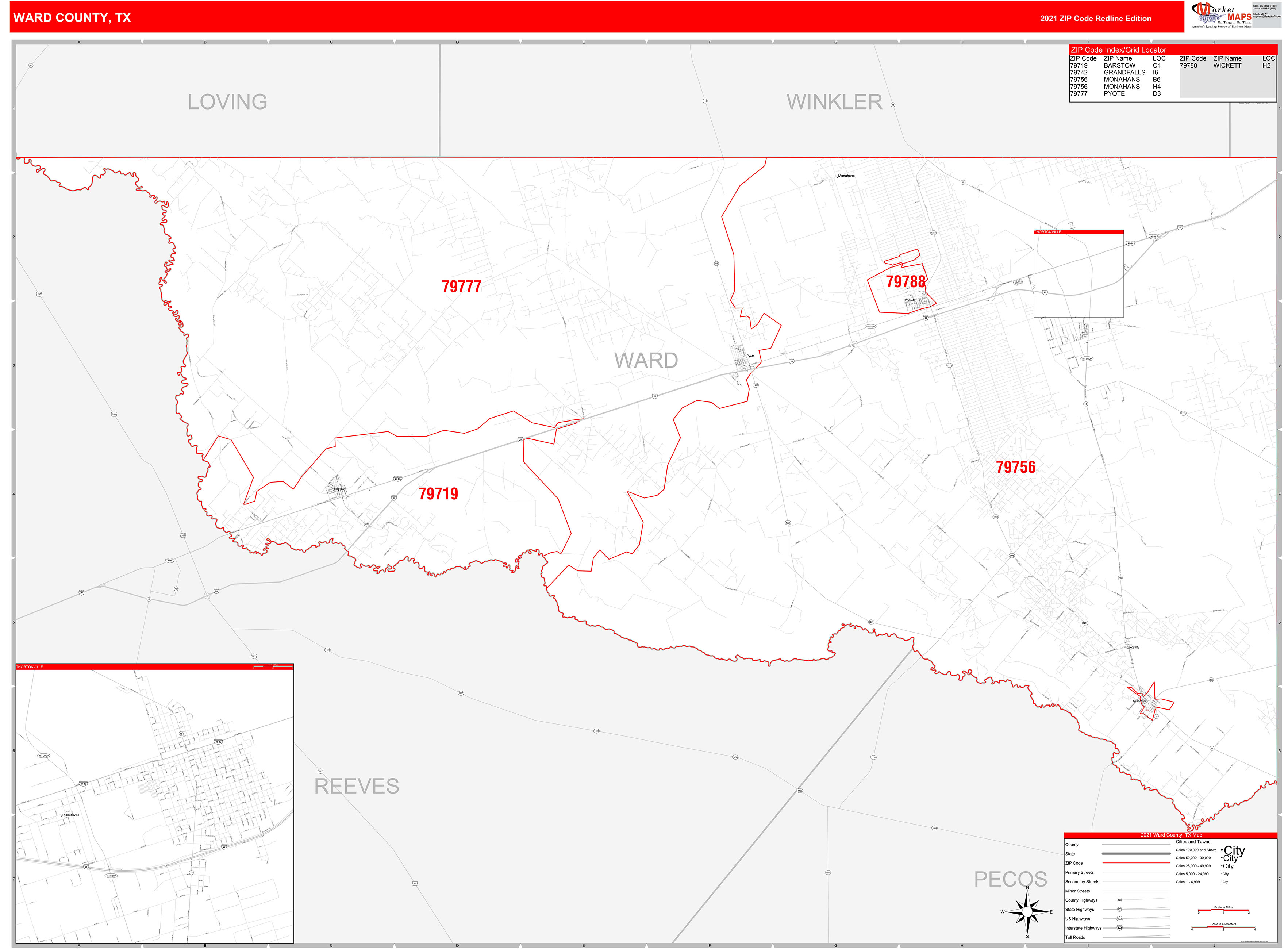 Ward County, TX Zip Code Wall Map Red Line Style by MarketMAPS