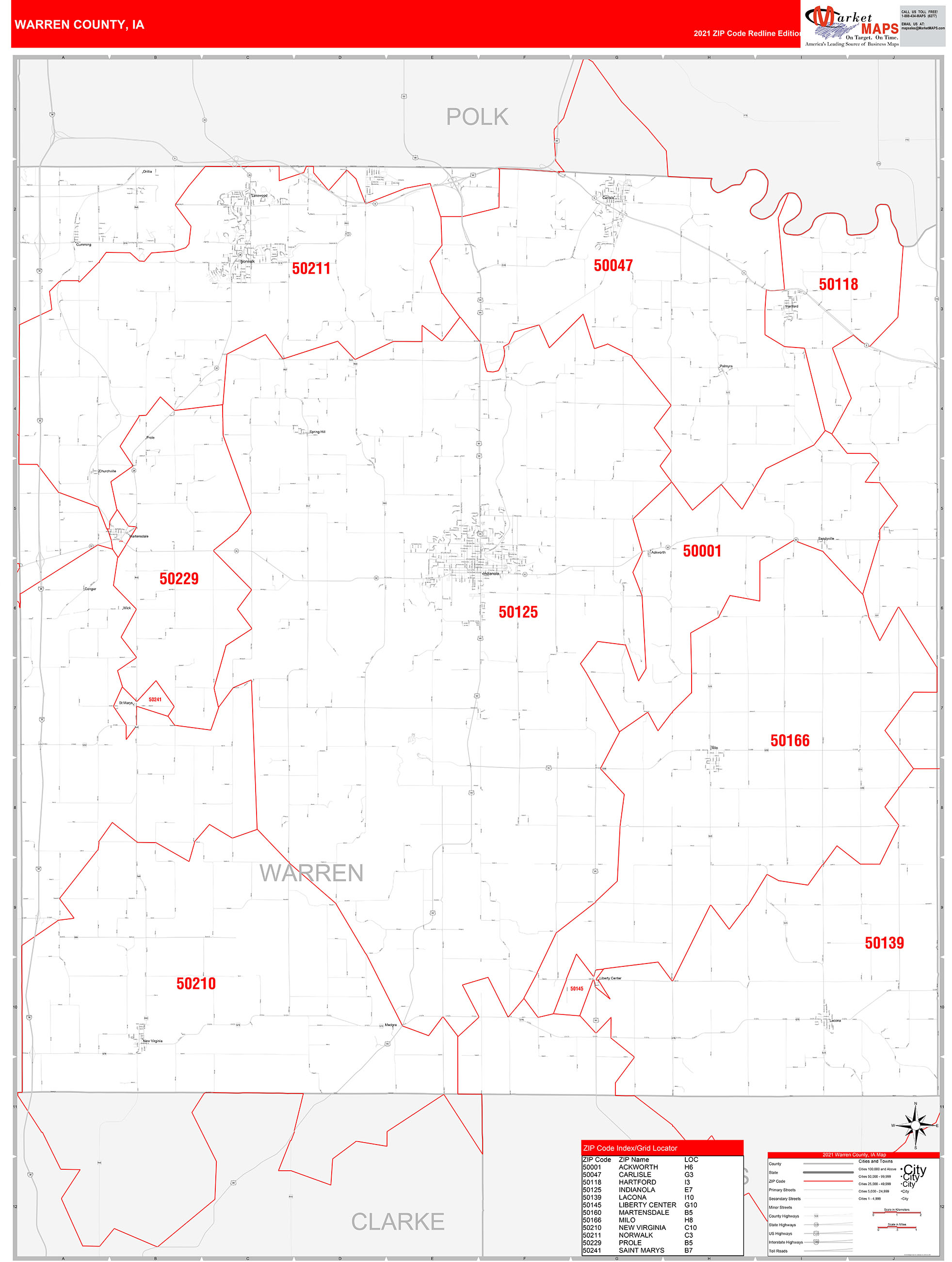 Warren County, IA Zip Code Wall Map Red Line Style by MarketMAPS MapSales